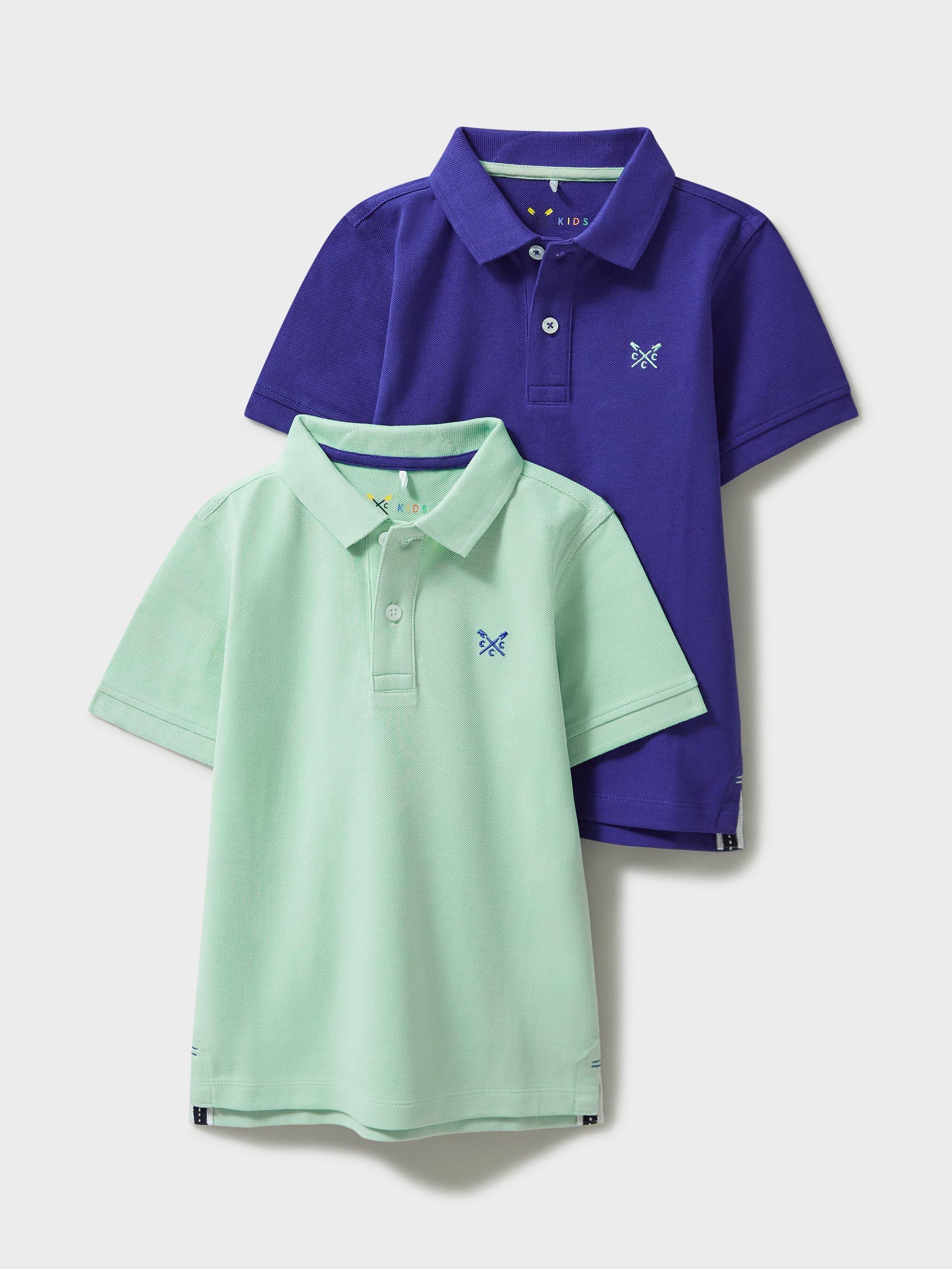 Product image 1 of 3, which shows Crew Clothing Kids' Pique Short Sleeved Polo Shirt, Pack of 2, Green/Blue, 3-4 years