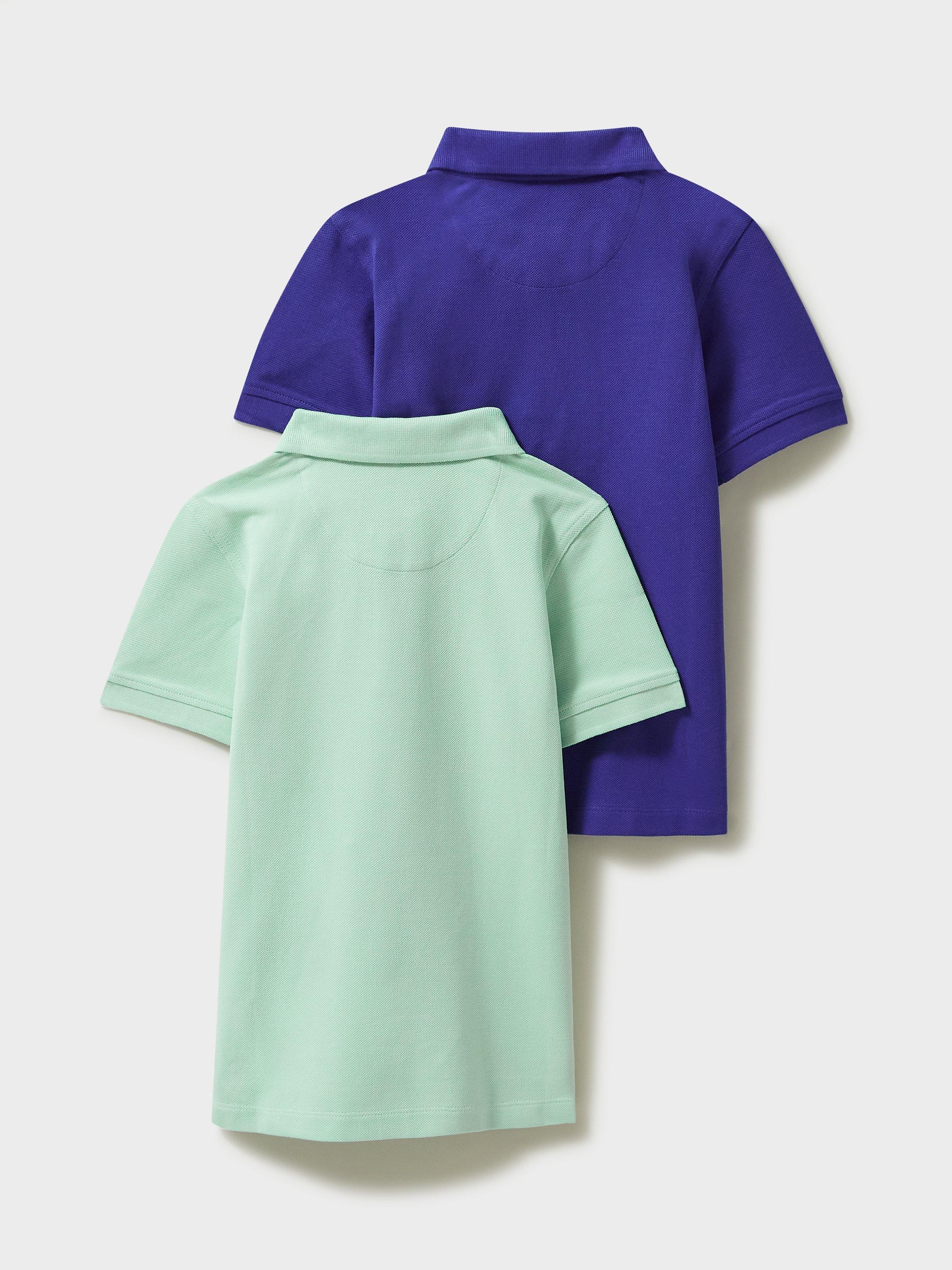 Product image 2 of 3, which shows Crew Clothing Kids' Pique Short Sleeved Polo Shirt, Pack of 2, Green/Blue, 3-4 years