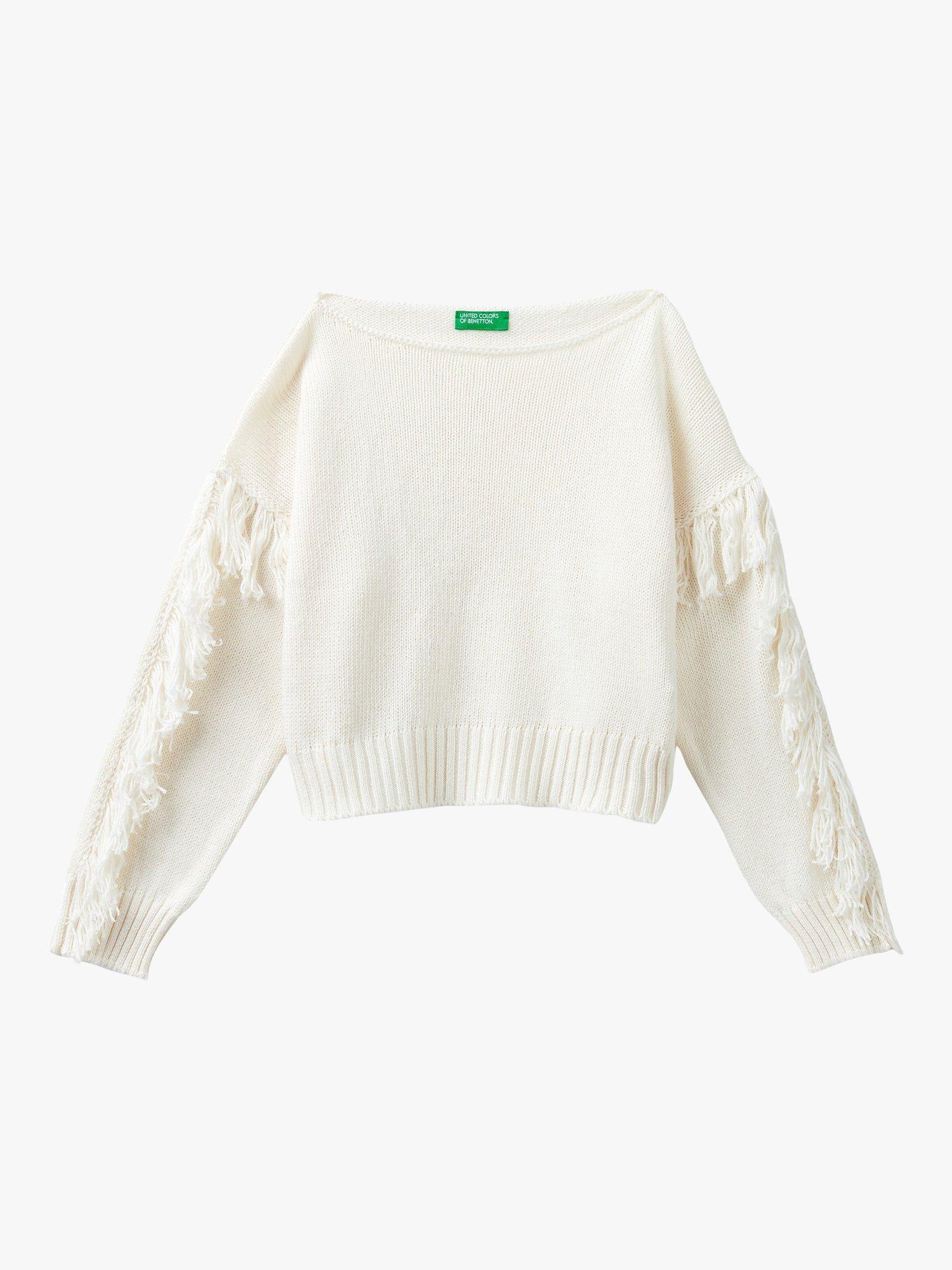 Benetton Kids' Fringe Crew Neck Jersey Jumper, Cream