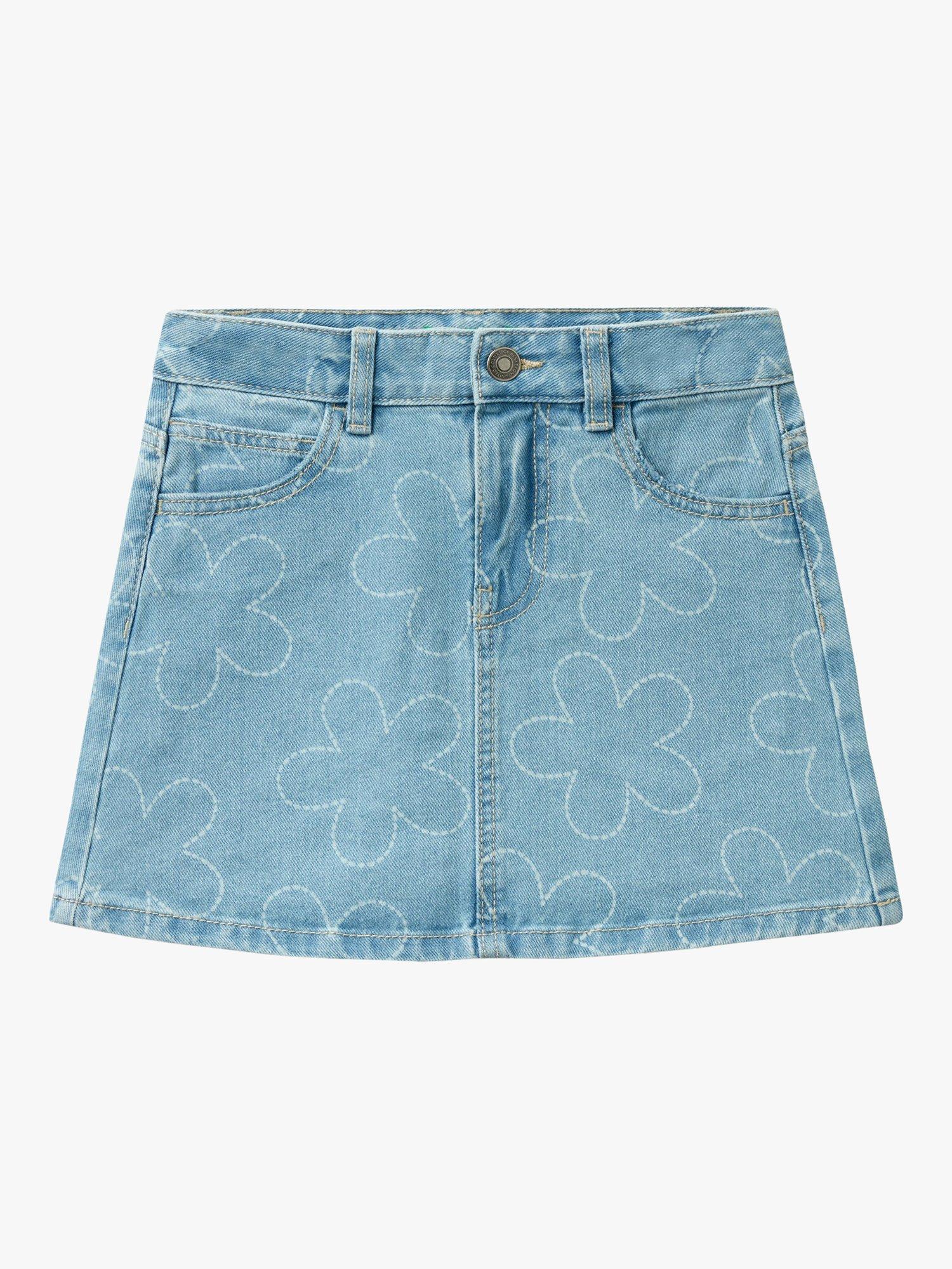 Benetton Kids' Floral Corrosion Print Denim Skirt, Blue