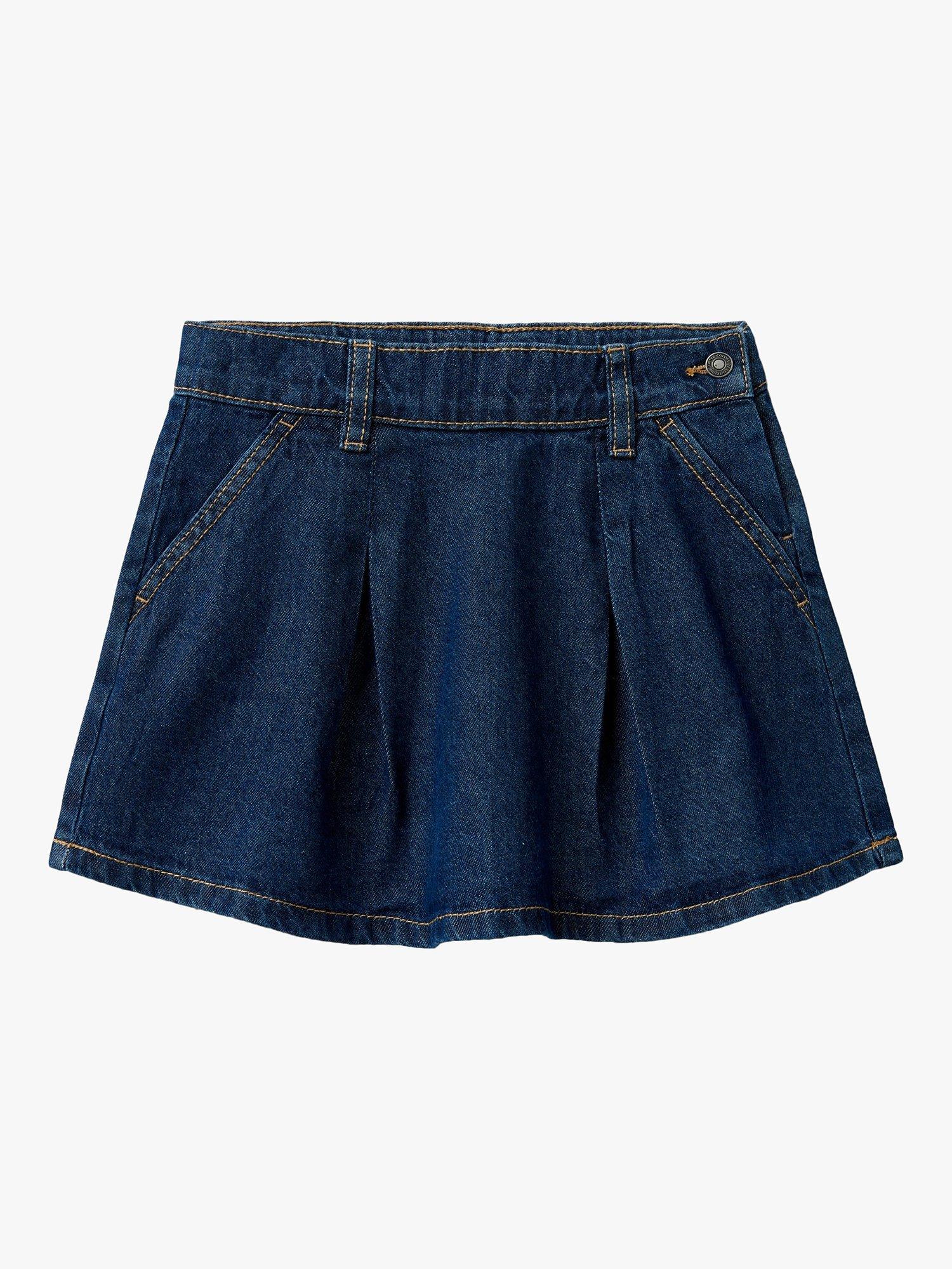 Benetton Kids' Embroidered Box Pleat Denim Skirt, Blue