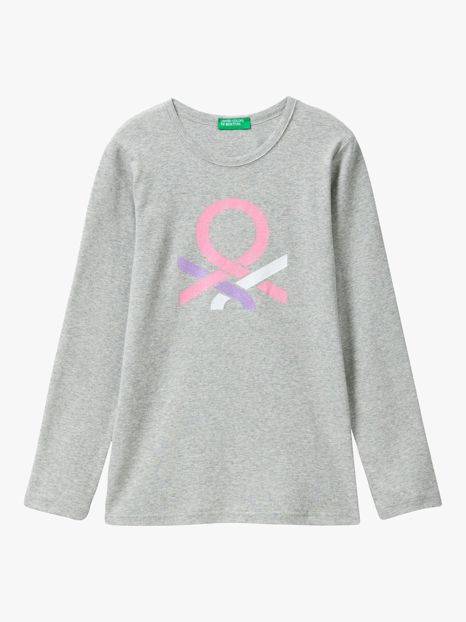 Benetton Kids' Glitter Logo Long Sleeve T-Shirt, Medium Melange Grey
