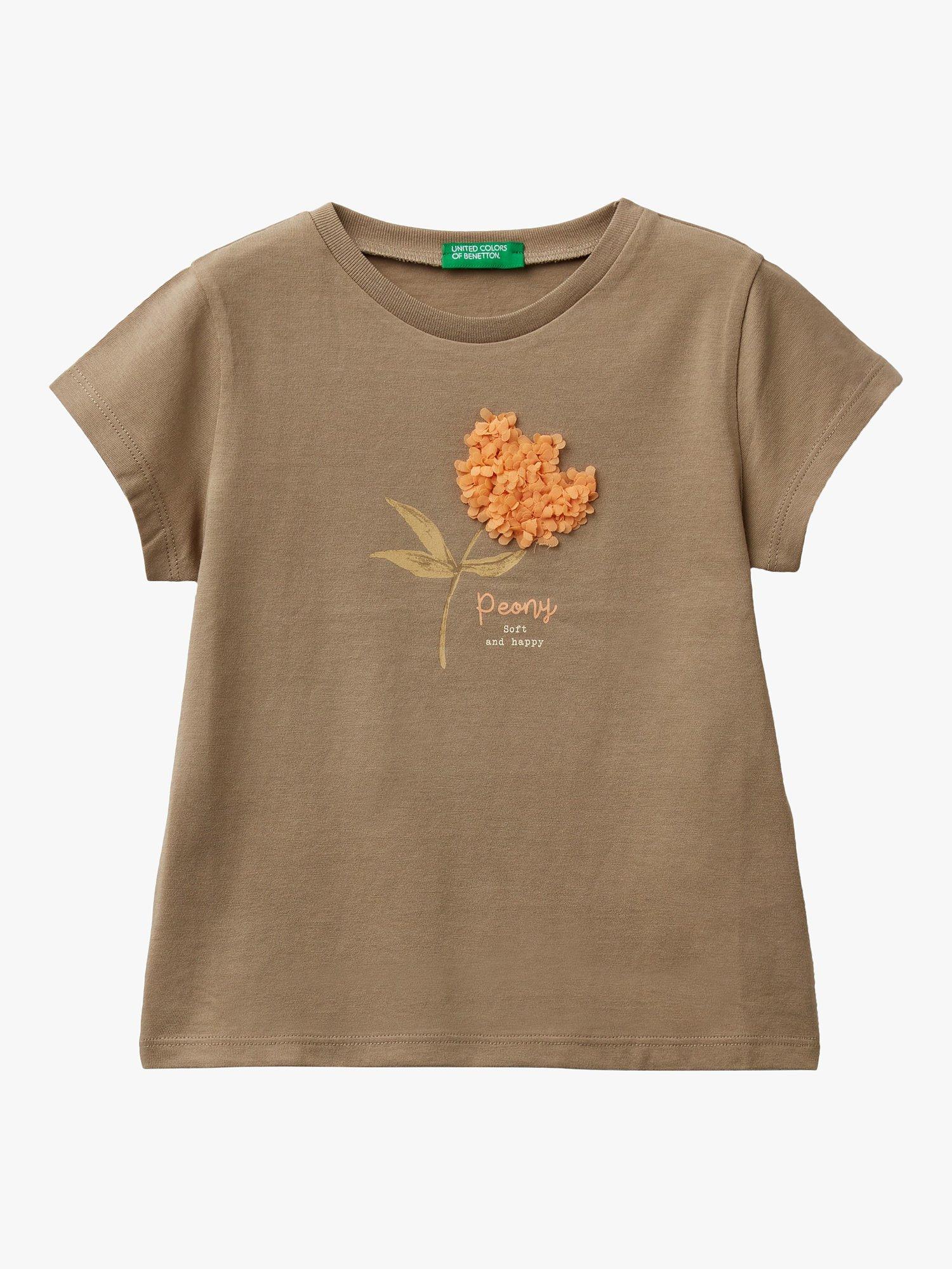 Benetton Kids' Peony Petal Applique Short Sleeve T-Shirt, Military Green