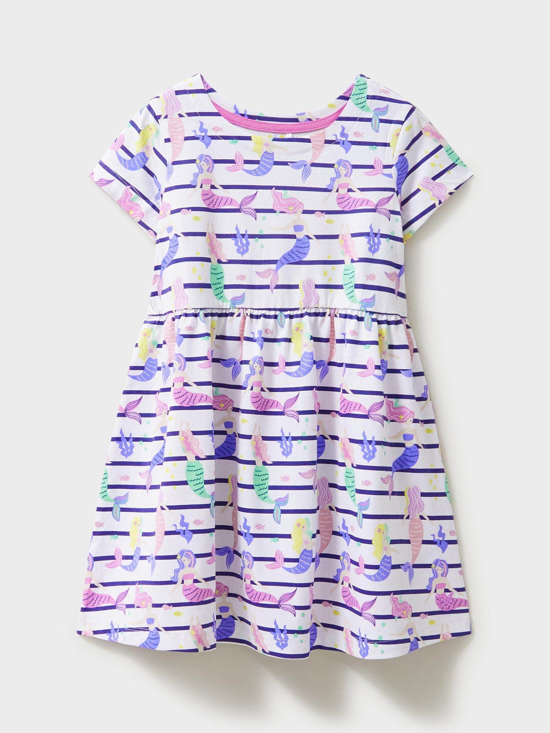 Product image 1 of 3, which shows Crew Clothing Kids' Short Sleeve Mermaid & Stripe Print Cotton Jersey Dress, Multi, 6-7 years