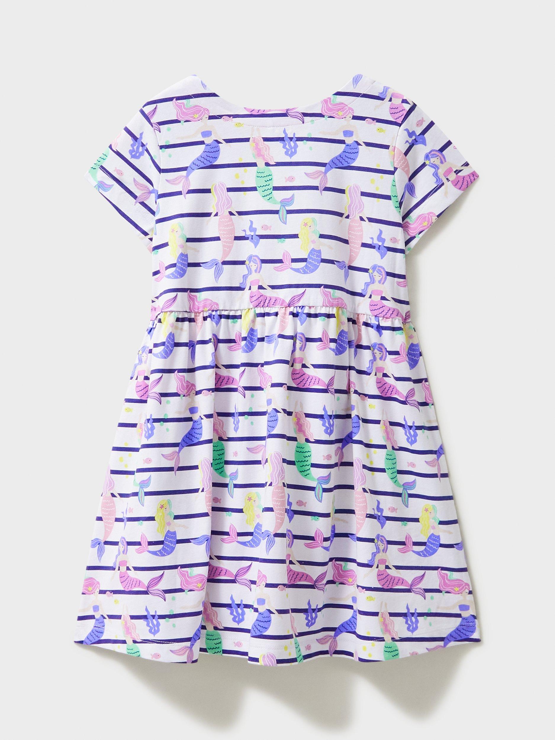 Product image 2 of 3, which shows Crew Clothing Kids' Short Sleeve Mermaid & Stripe Print Cotton Jersey Dress, Multi, 6-7 years
