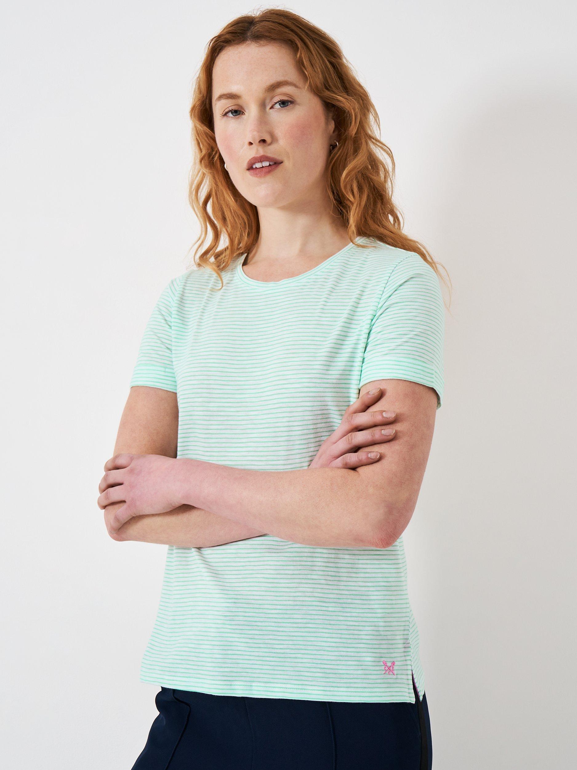Crew Clothing Striped Crew Neck Slub T-Shirt, Green