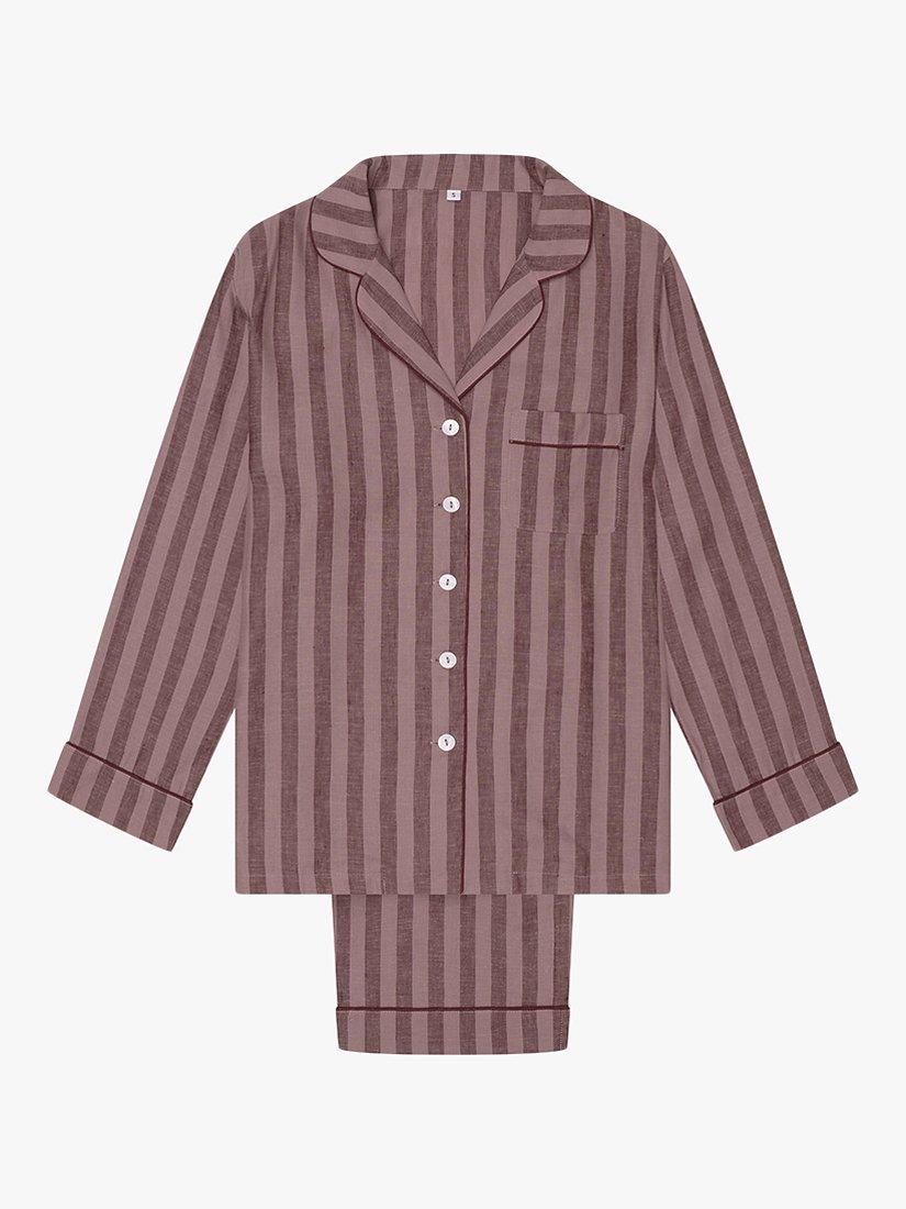 Product image 3 of 4, which shows Piglet in Bed Linen Blend Striped Pyjama Trouser Set, Port/Woodrose, XS