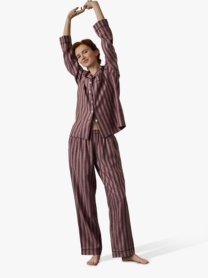 Product image 2 of 4, which shows Piglet in Bed Linen Blend Striped Pyjama Trouser Set, Port/Woodrose, XS