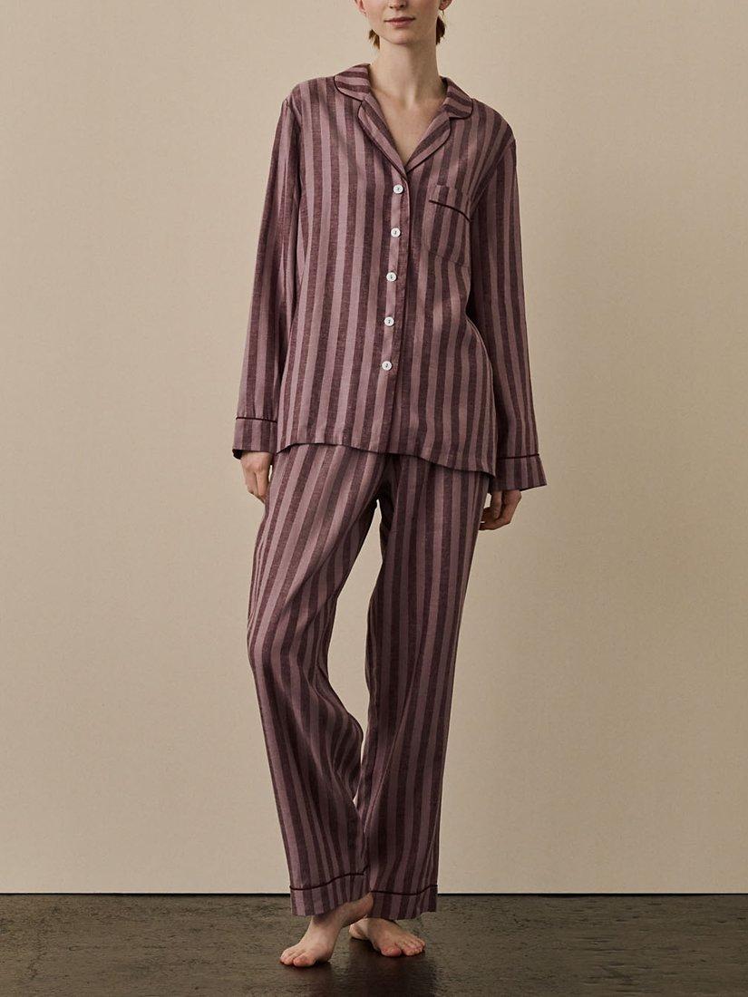 Product image 1 of 4, which shows Piglet in Bed Linen Blend Striped Pyjama Trouser Set, Port/Woodrose, XS
