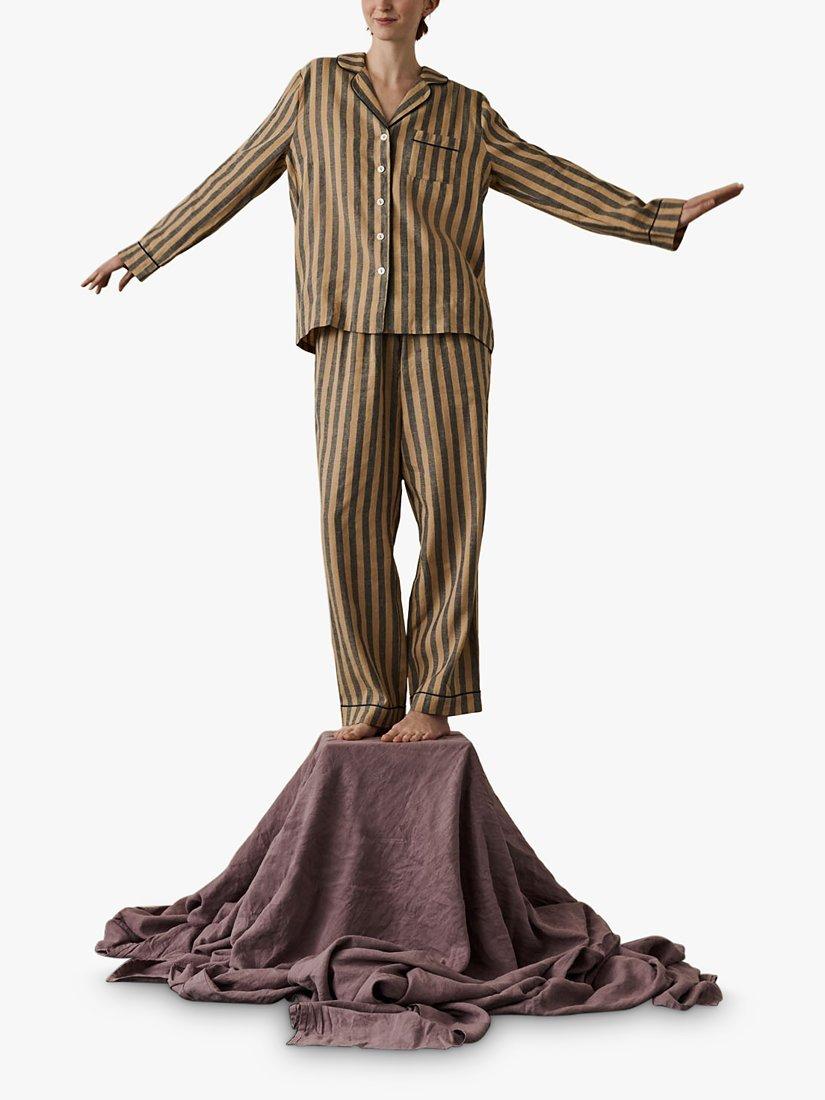 Product image 1 of 4, which shows Piglet in Bed Linen Blend Striped Pyjama Trouser Set, Blue/Porcini, XS