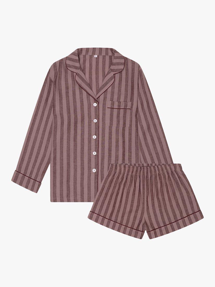 Product image 4 of 6, which shows Piglet in Bed Linen Blend Striped Pyjama Shorts Set, Port/Woodrose, XS