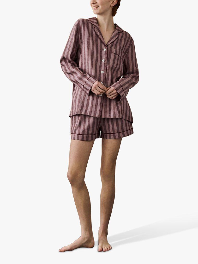 Product image 1 of 6, which shows Piglet in Bed Linen Blend Striped Pyjama Shorts Set, Port/Woodrose, XS