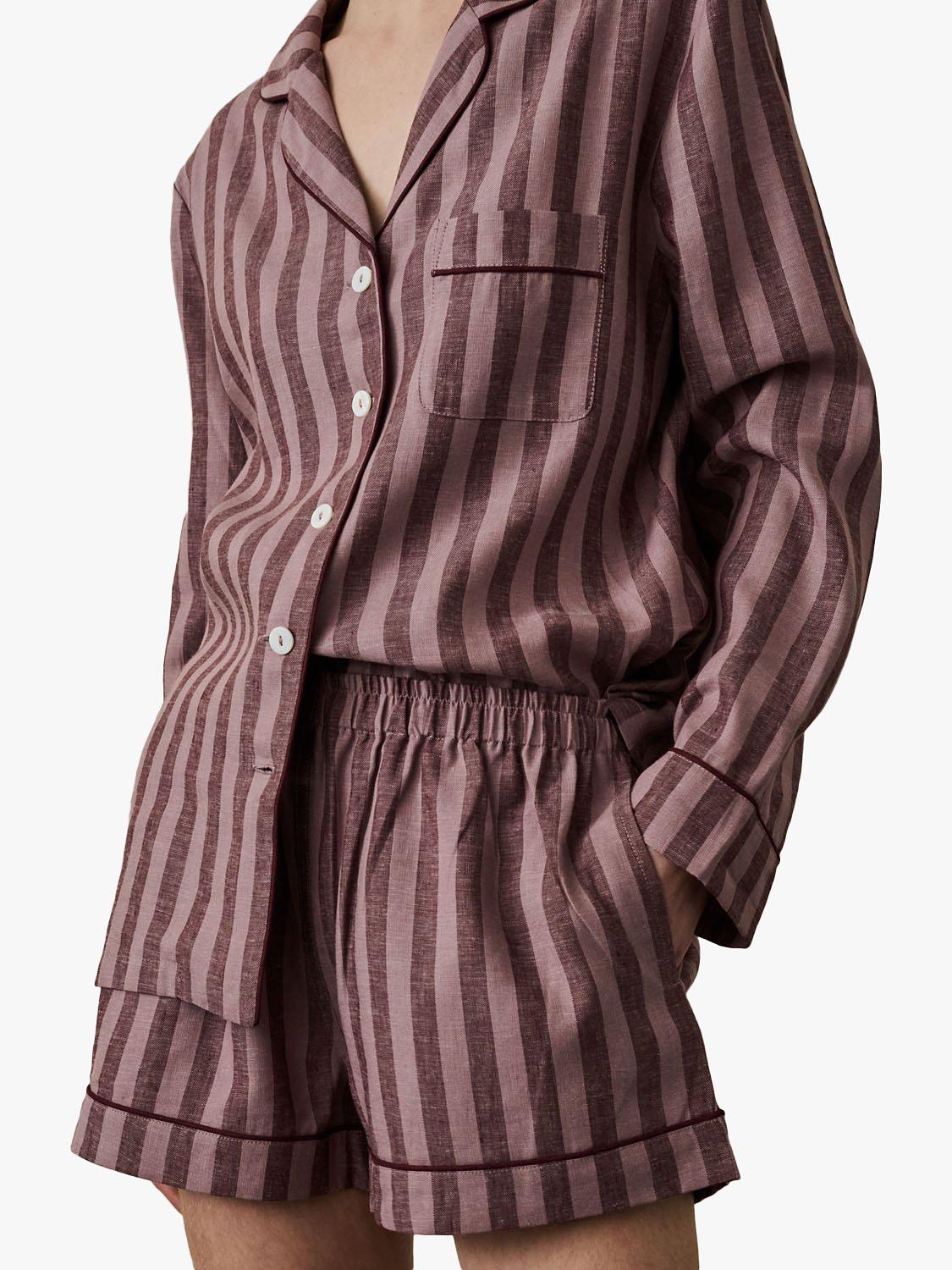 Product image 3 of 6, which shows Piglet in Bed Linen Blend Striped Pyjama Shorts Set, Port/Woodrose, XS