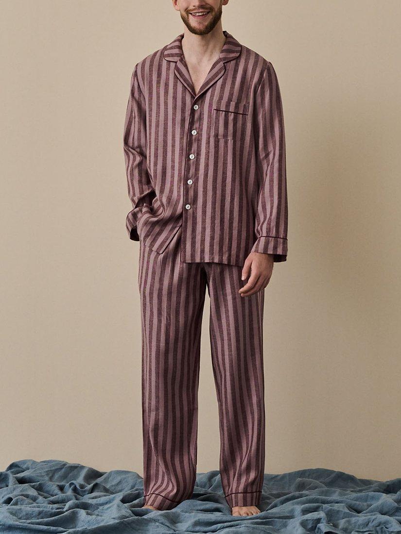 Product image 1 of 4, which shows Piglet in Bed Linen Blend Striped Pyjama Trouser Set, Port/Woodrose, XS