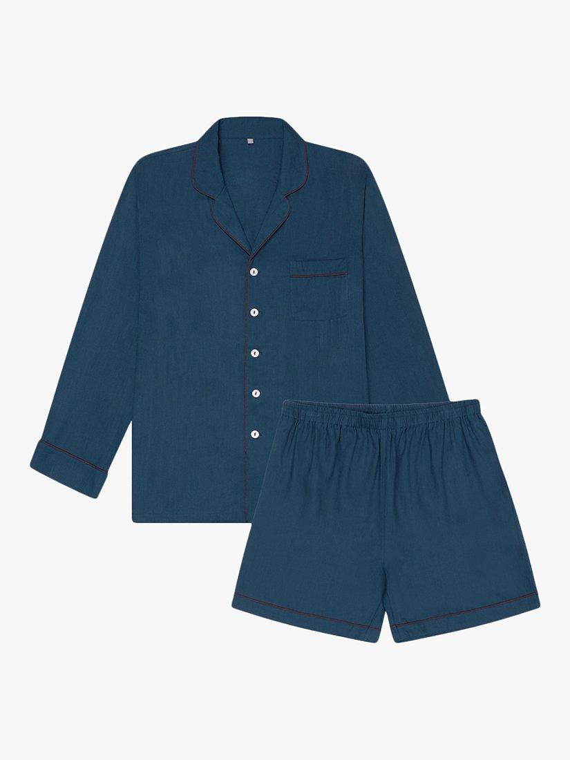 Product image 4 of 6, which shows Piglet in Bed Linen Blend Pyjama Shorts Set, Marine Blue, XS