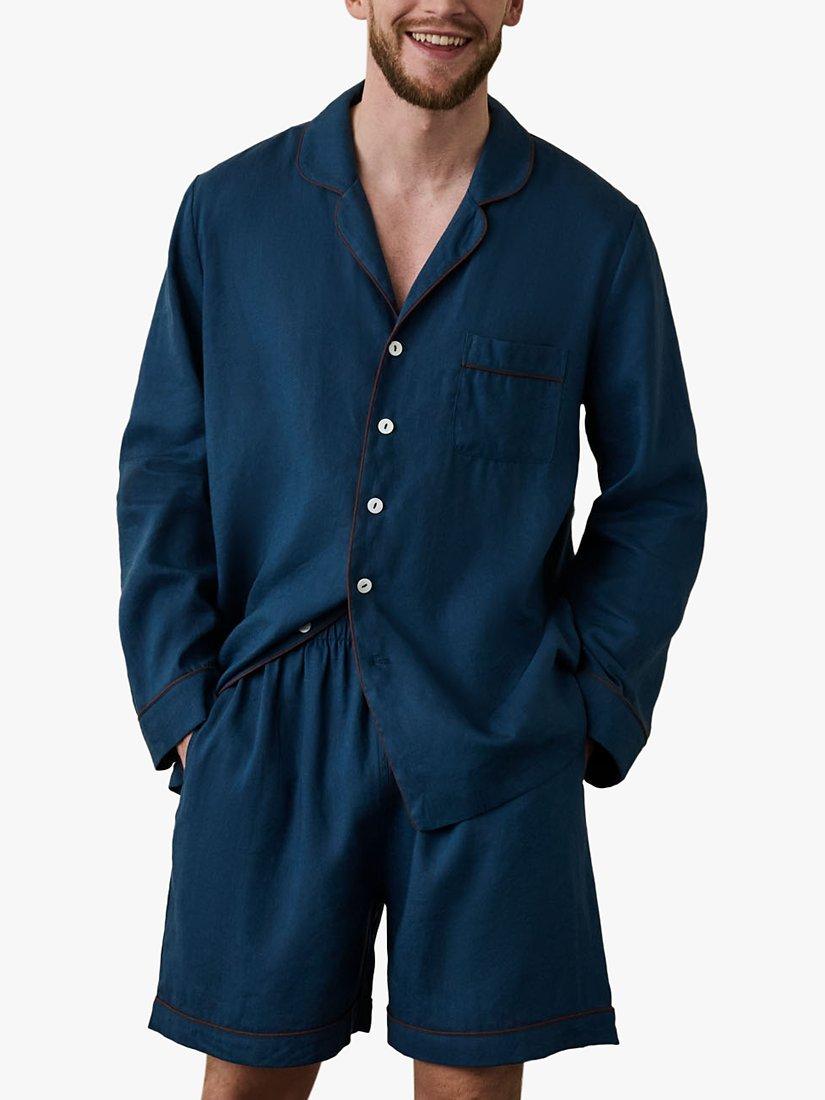 Product image 3 of 6, which shows Piglet in Bed Linen Blend Pyjama Shorts Set, Marine Blue, XS