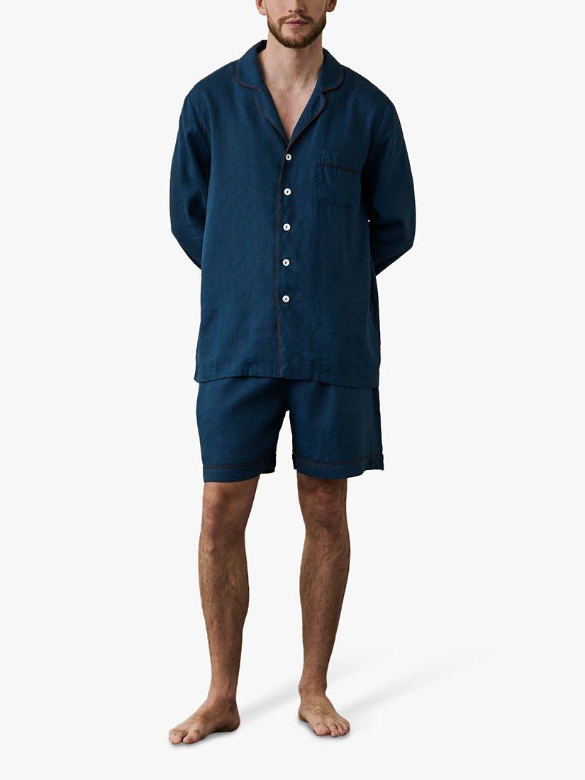 Product image 1 of 6, which shows Piglet in Bed Linen Blend Pyjama Shorts Set, Marine Blue, XS
