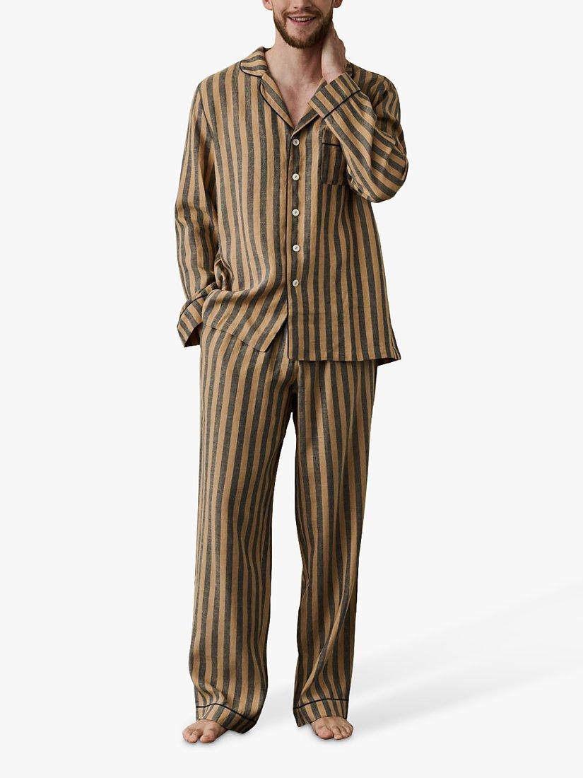Product image 1 of 4, which shows Piglet in Bed Linen Blend Striped Pyjama Trouser Set, Blue/Porcini, XS