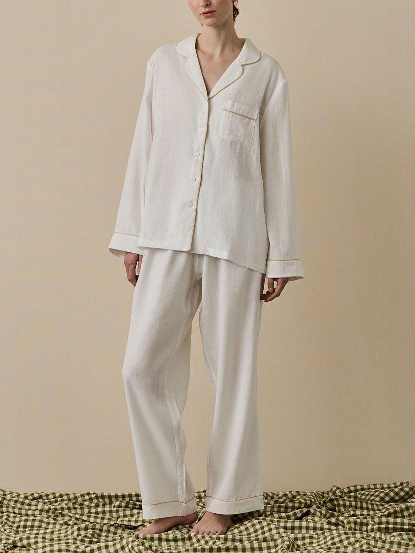 Product image 1 of 6, which shows Piglet in Bed Linen Blend Pyjama Trouser Set, Pearl, XS