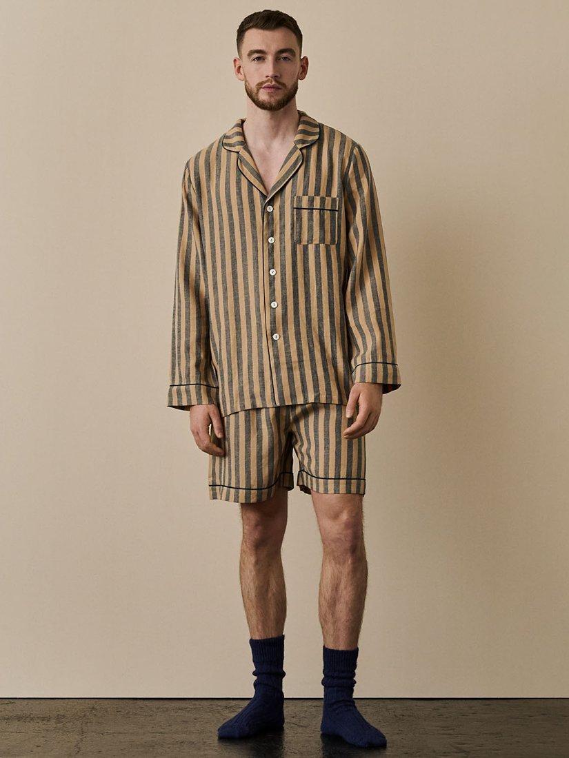 Product image 1 of 6, which shows Piglet in Bed Linen Blend Striped Pyjama Shorts Set, Blue/Porcini, XS