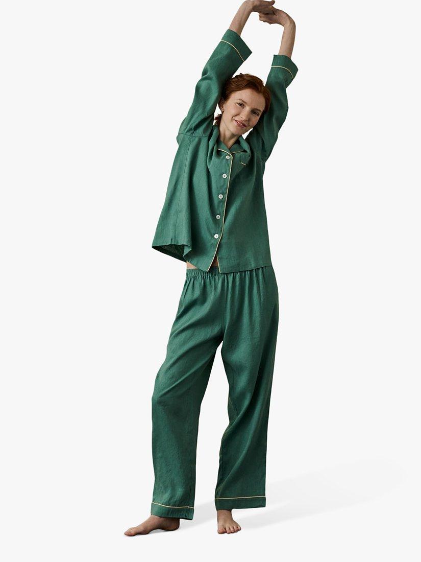 Product image 1 of 6, which shows Piglet in Bed Linen Blend Pyjama Trouser Set, Tranquil Green, XS
