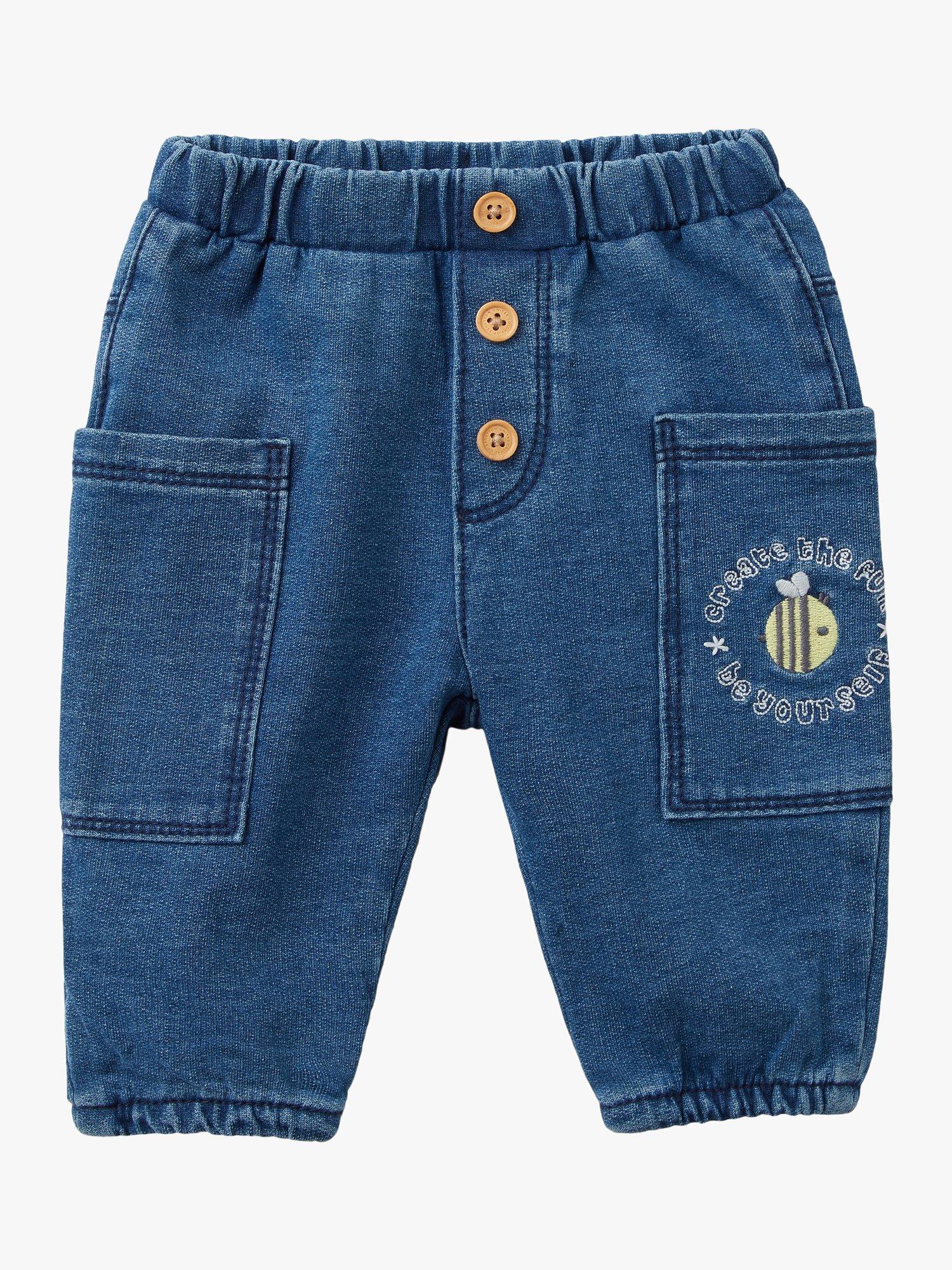 Benetton Baby Denim Look Embroidered Button Detail Joggers, Denim Blue