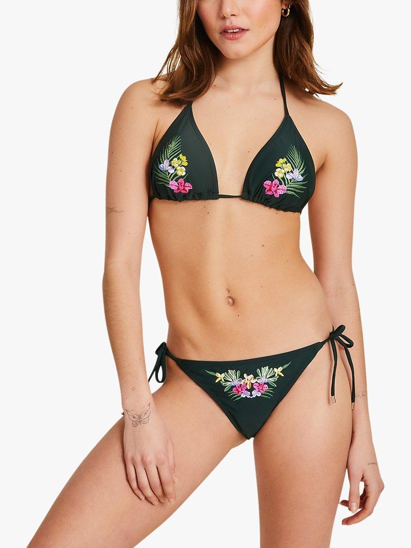 Accessorize Embroidered Floral Triangle Bikini Top, Green
