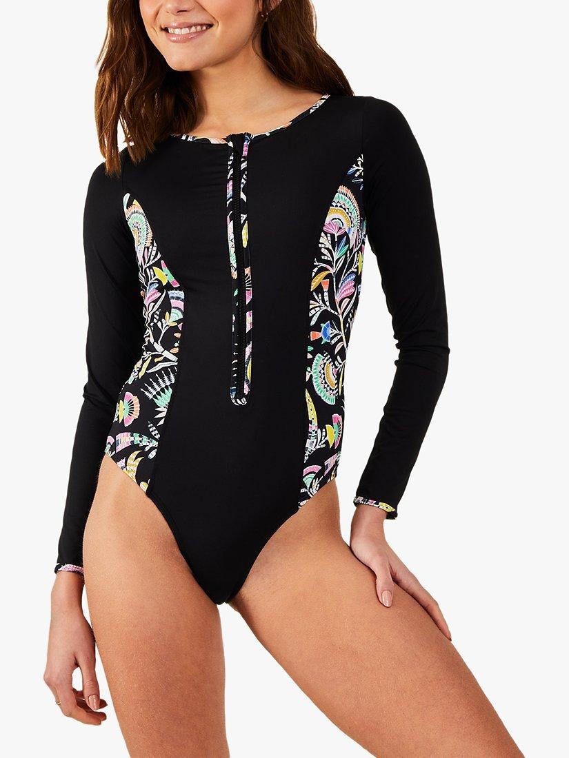 Accessorize Fan Print Panel Long Sleeve Swimsuit, Black/Multi