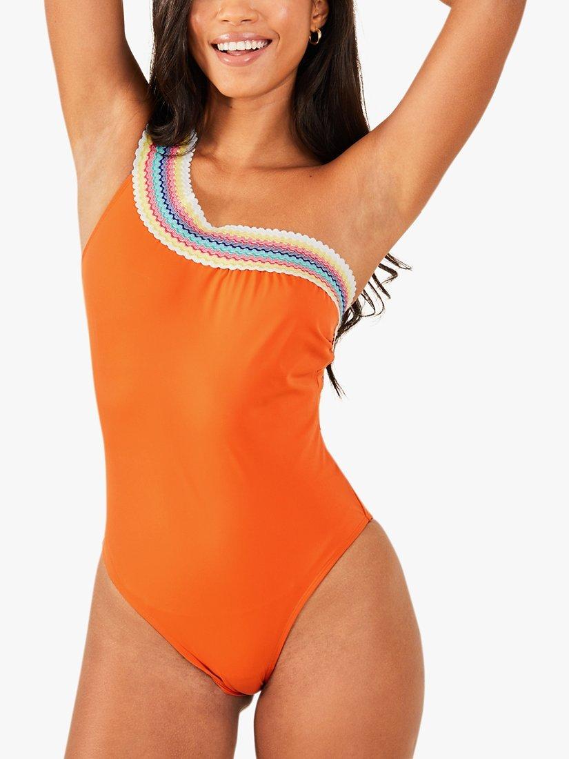 Accessorize One Shoulder Contrast Ric Rac Trim Swimsuit, Orange