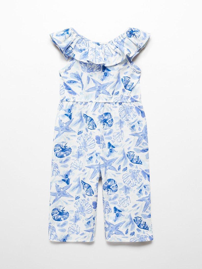 Mango Baby Poti Floral Linen Blend Jumpsuit, Medium Blue