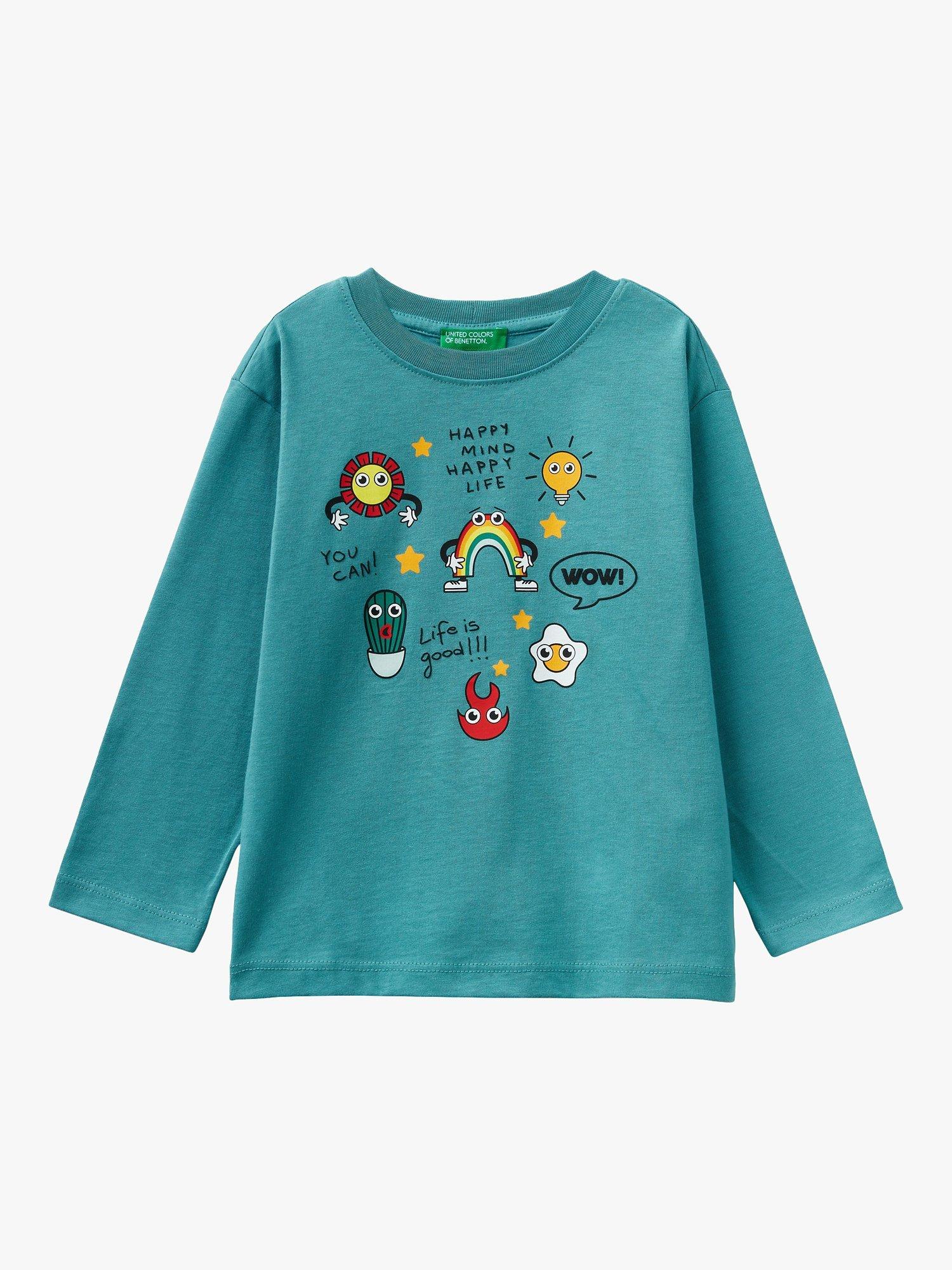Benetton Kids' Happy Print Long Sleeve T-Shirt, Sage Green