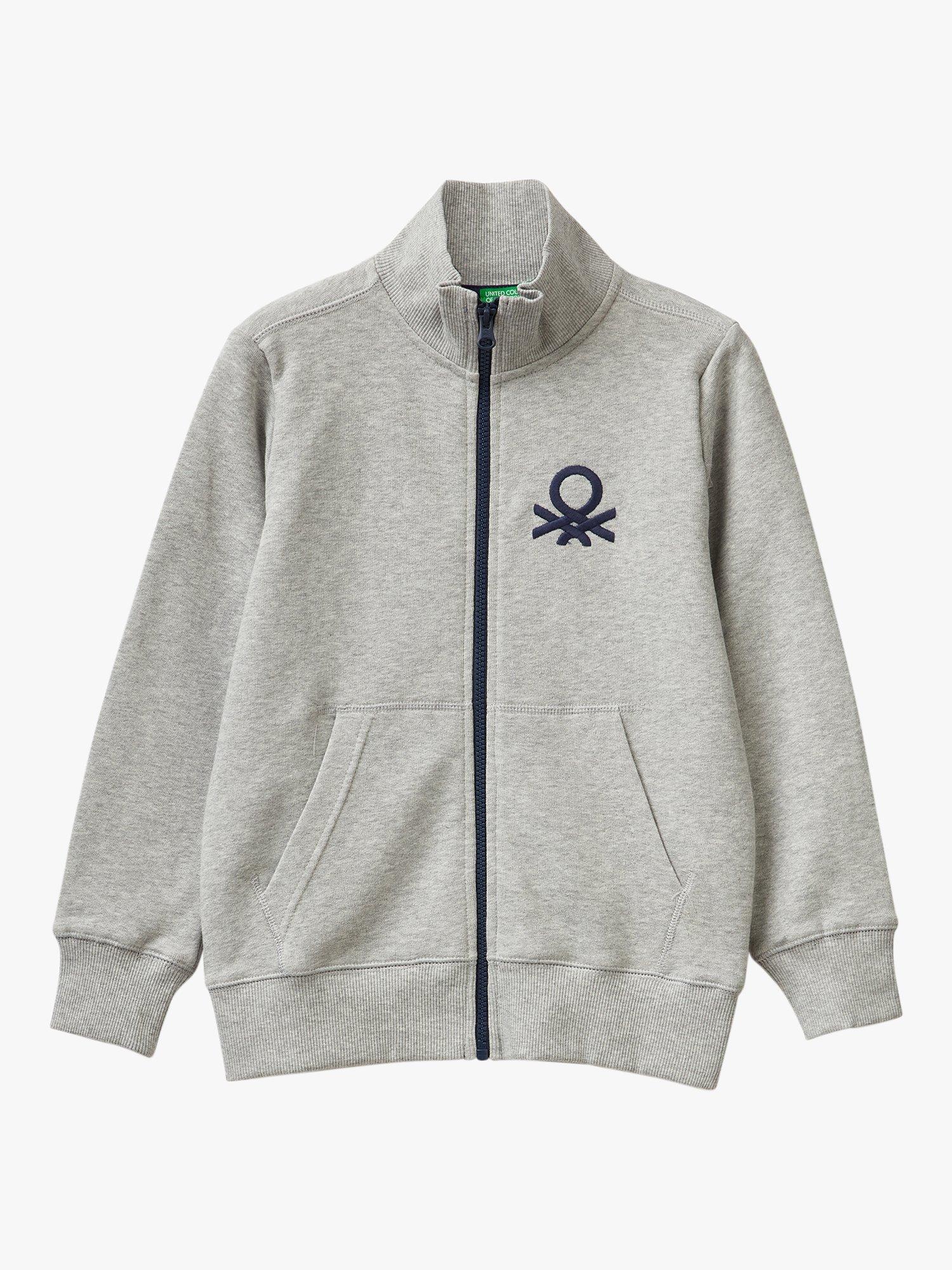 Product image 1 of 2, which shows Benetton Kids' Logo Zip Through Rib Collar Sweatshirt, Medium Melange Grey, 6-7 years