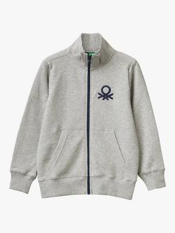 Benetton Kids' Logo Zip Through Rib Collar Sweatshirt, Medium Melange Grey