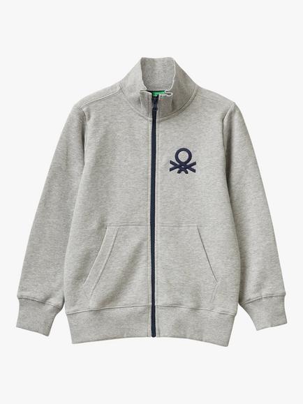 Benetton Kids' Logo Zip Through Rib Collar Sweatshirt, Medium Melange Grey