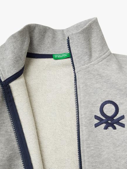 Benetton Kids' Logo Zip Through Rib Collar Sweatshirt - view 2, Medium Melange Grey