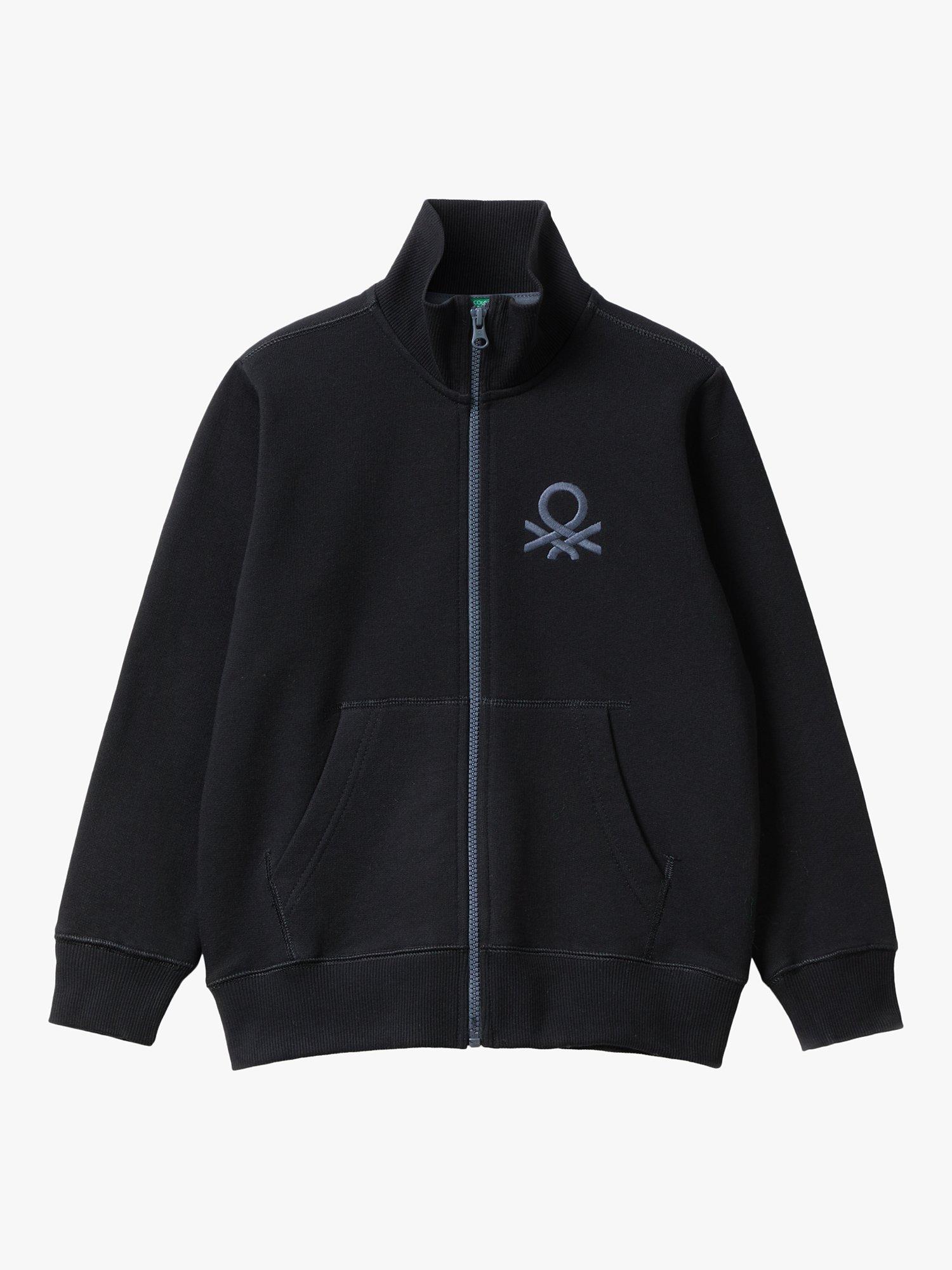 Product image 1 of 2, which shows Benetton Kids' Logo Zip Through Rib Collar Sweatshirt, Black, 6-7 years