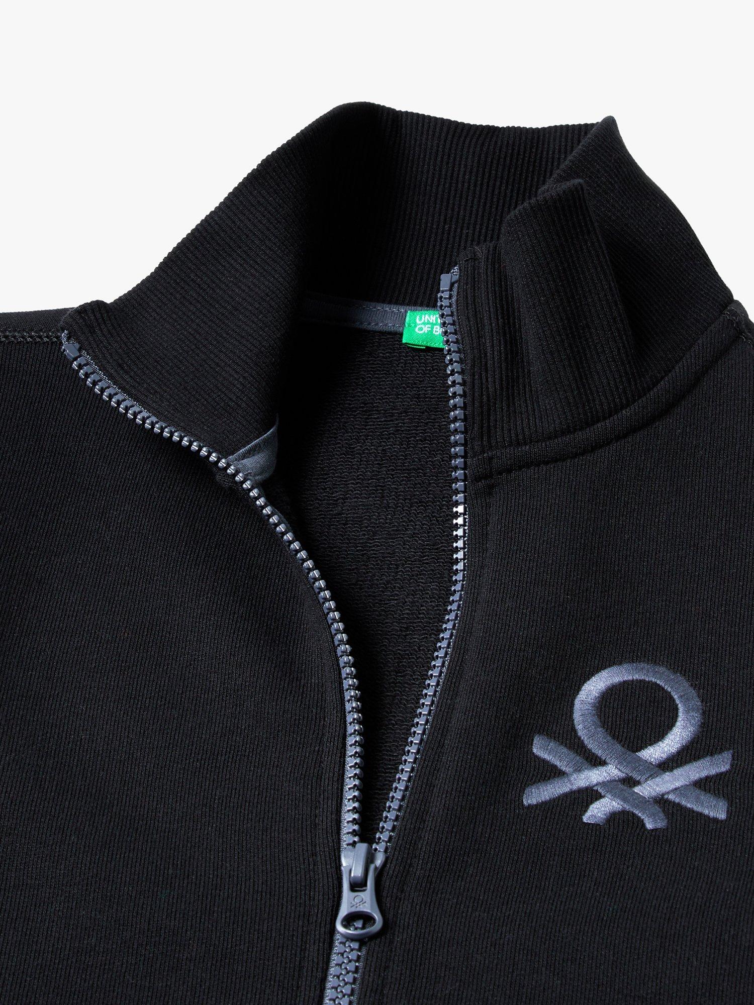 Product image 2 of 2, which shows Benetton Kids' Logo Zip Through Rib Collar Sweatshirt, Black, 6-7 years