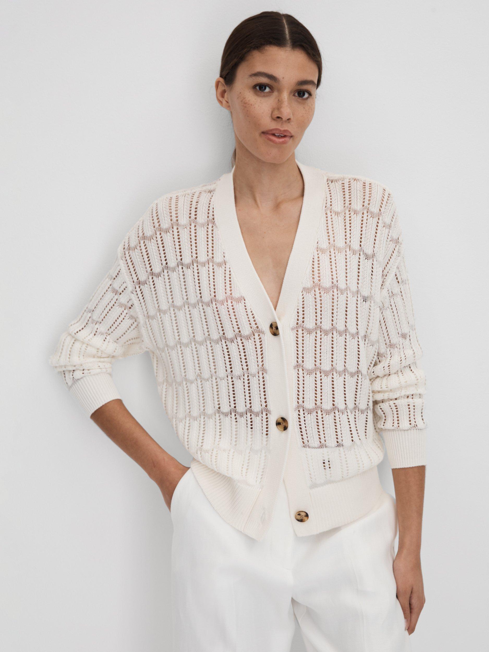 Reiss Ottie V-Neck Crochet Cardigan, Ivory