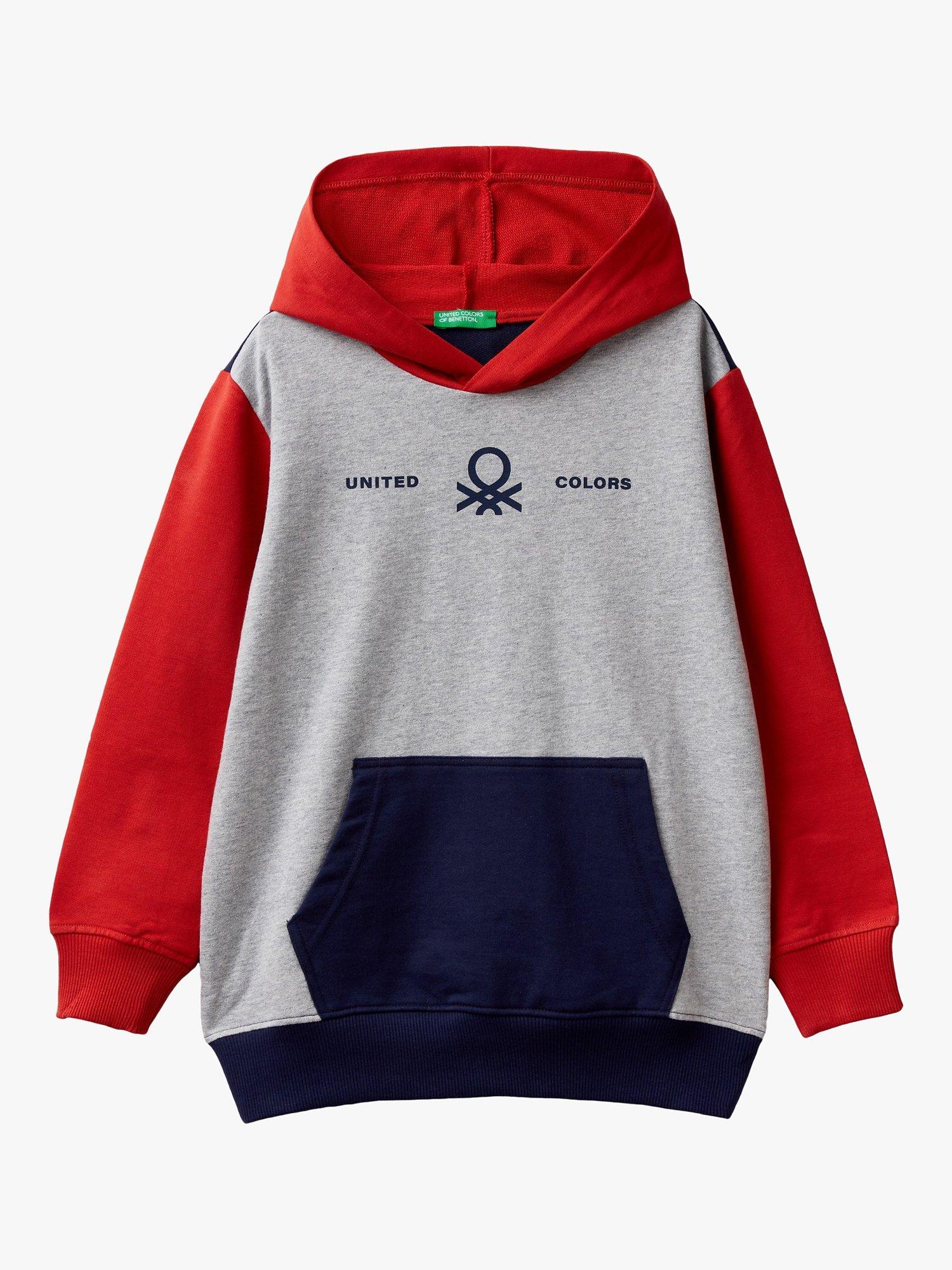 Benetton Kids' Cotton Colour Block Hoodie, Grey/Multi