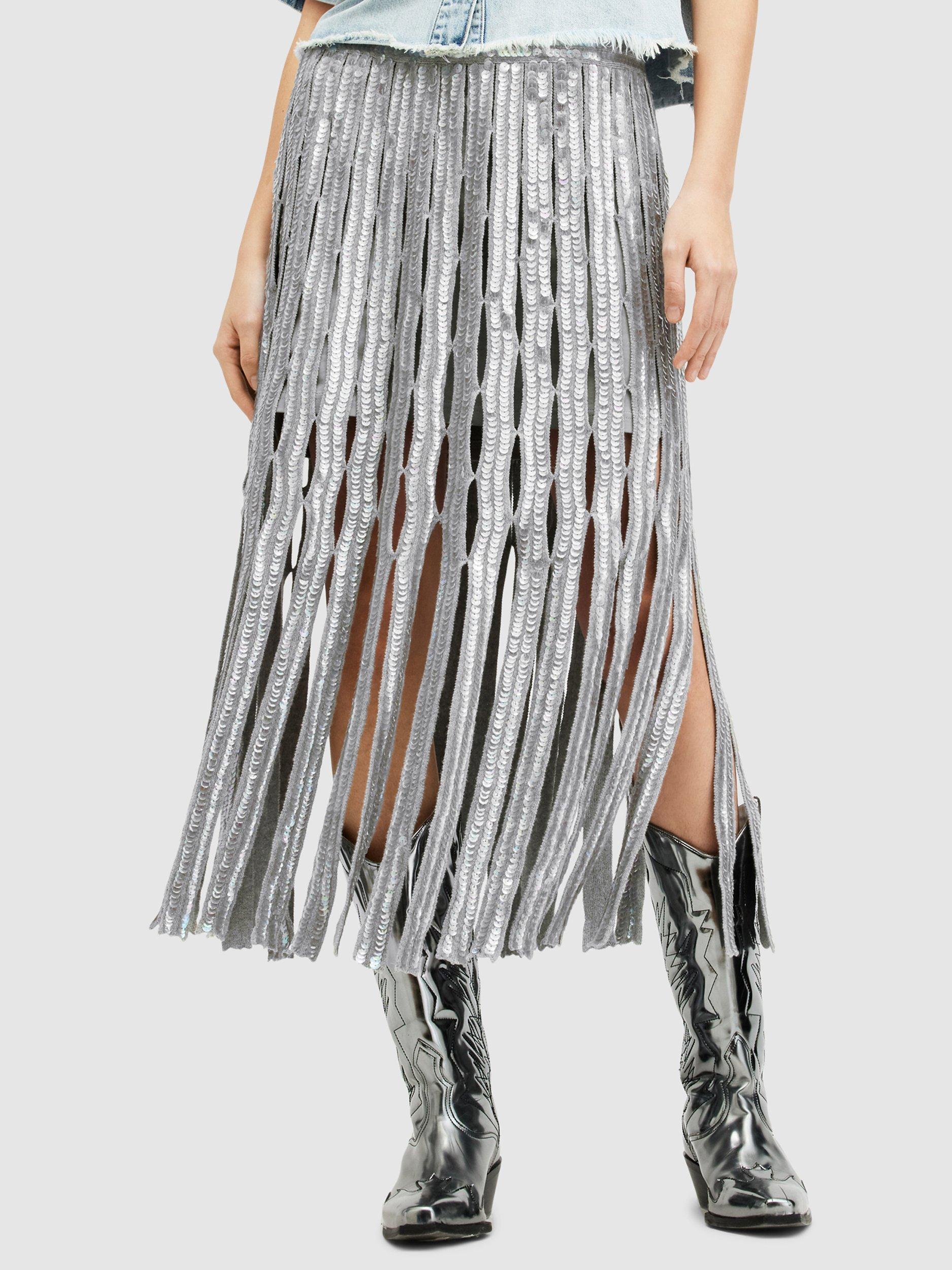 AllSaints Francesca Sequin Fringe Midi Skirt, Grey