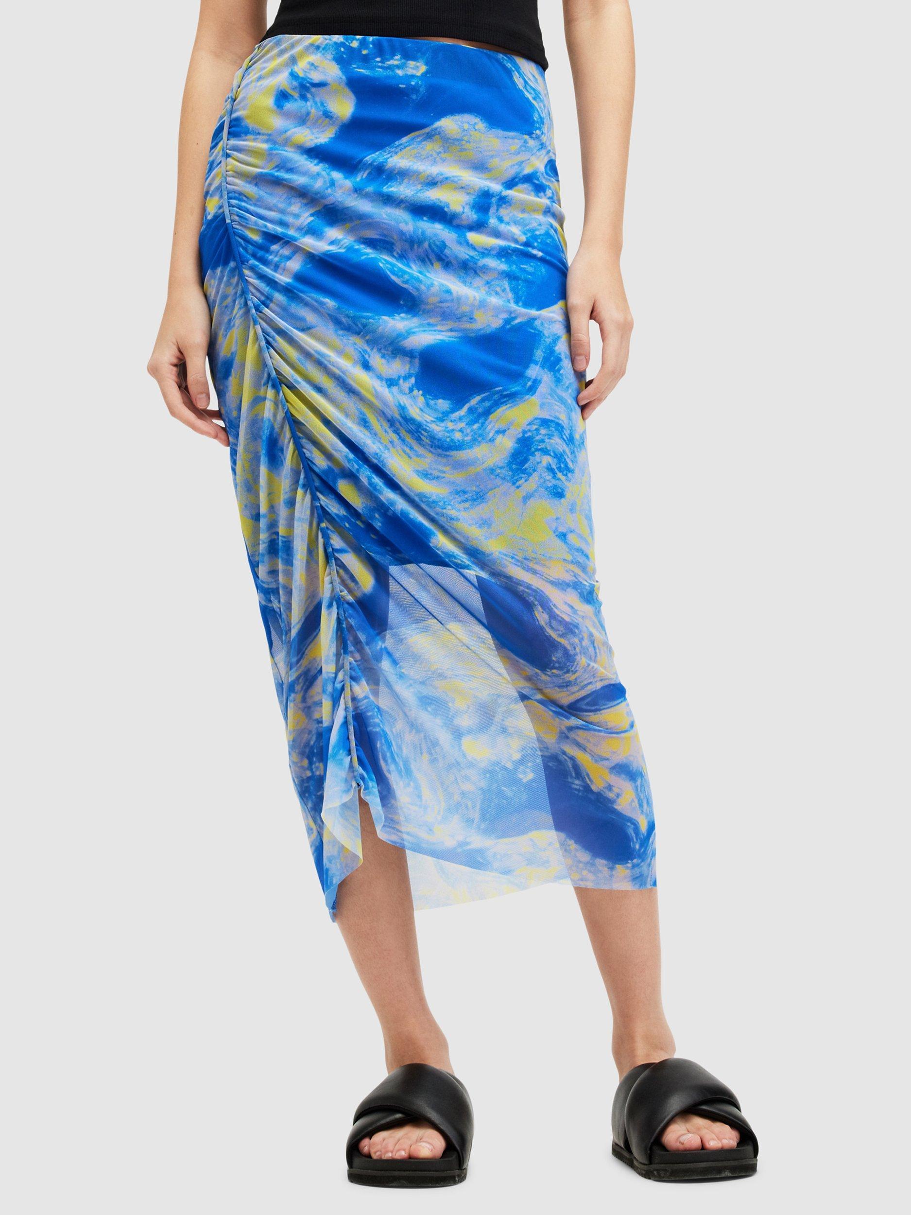 AllSaints Nora Abstract Print Sheer Midi Skirt, Electric Blue/Multi