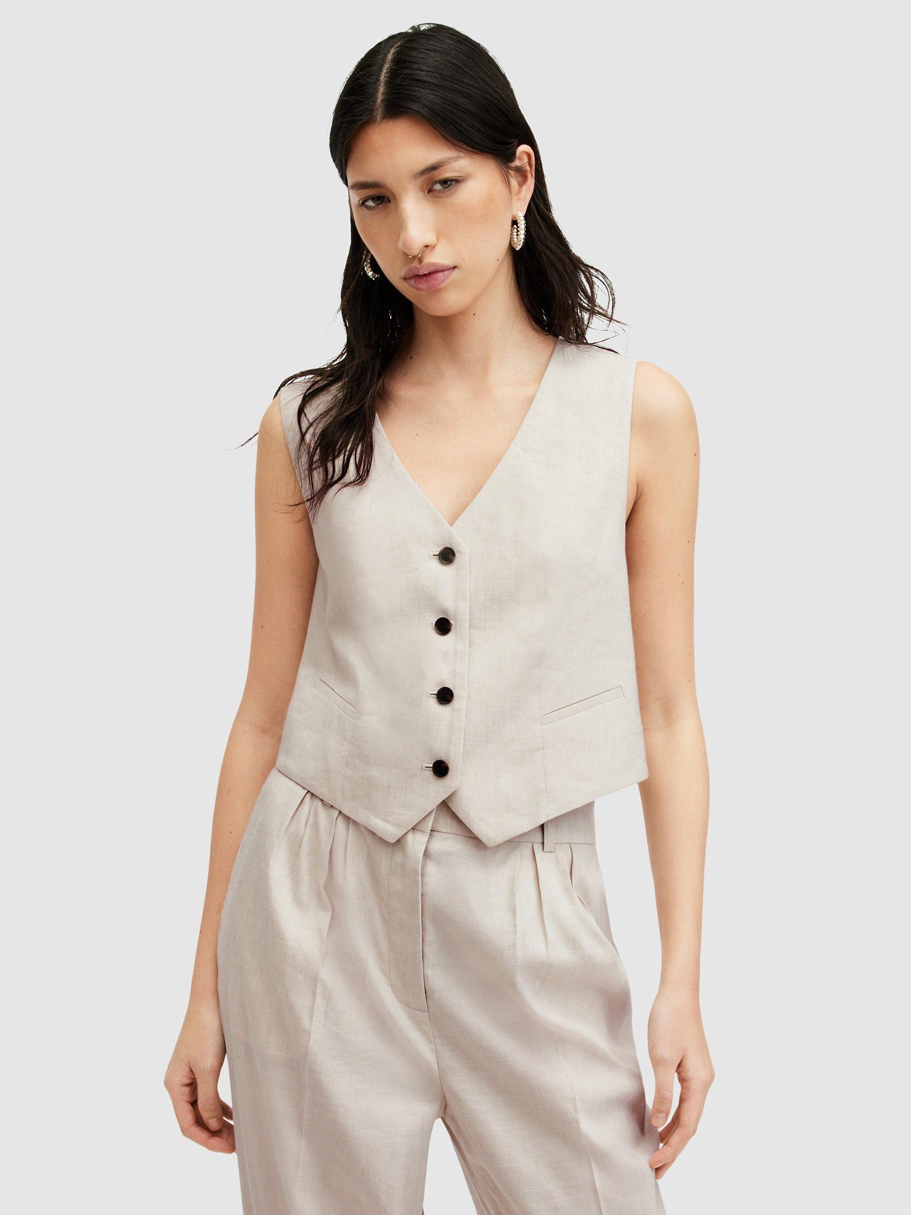 AllSaints Whitney Linen Blend Waistcoat, Neutral Beige