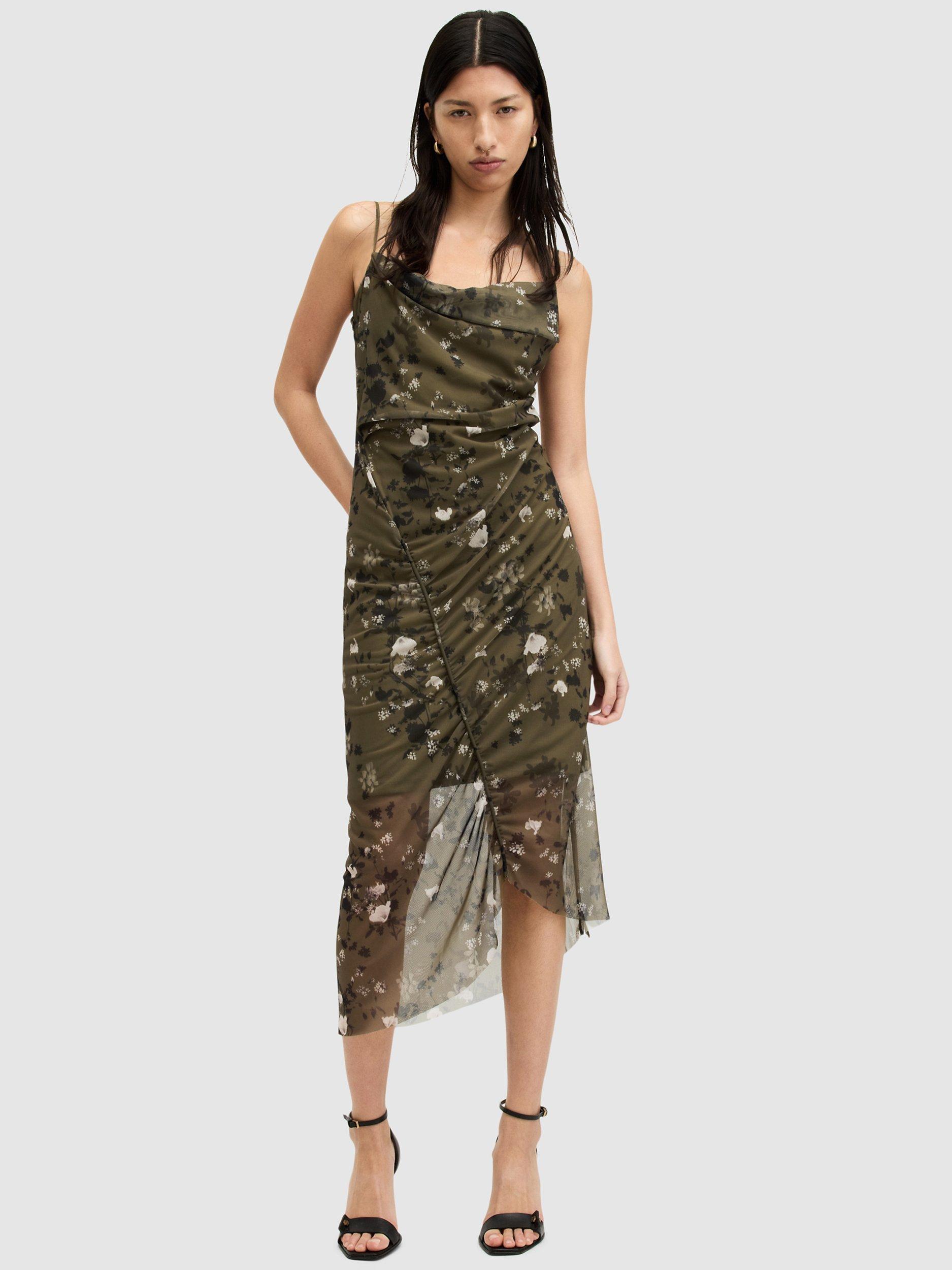AllSaints Ulla Kora Floral Print Ruched Bodycon Midi Dress, Khaki/Multi
