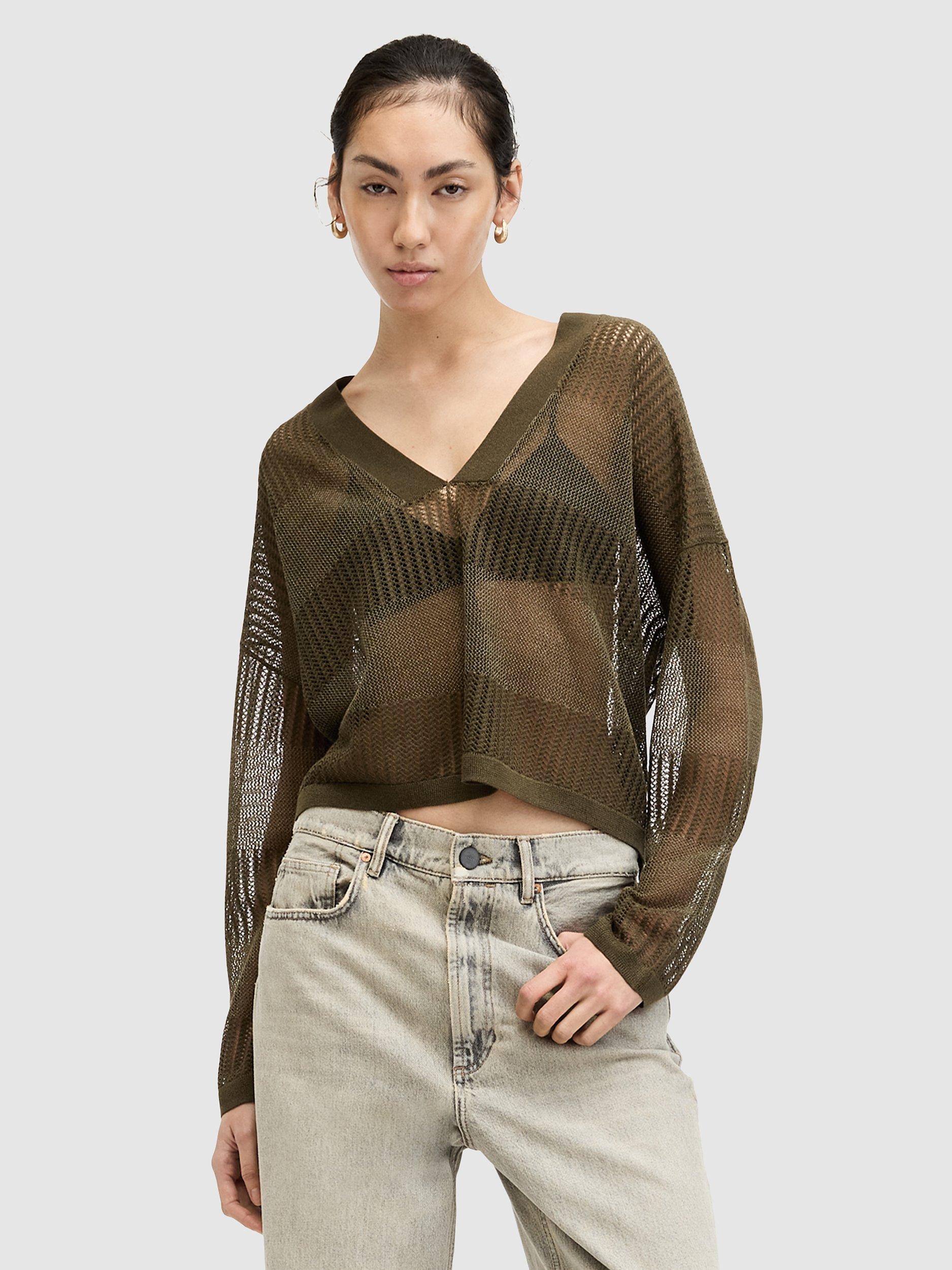 AllSaints Misha V Neck Stripe Jumper, Khaki Green