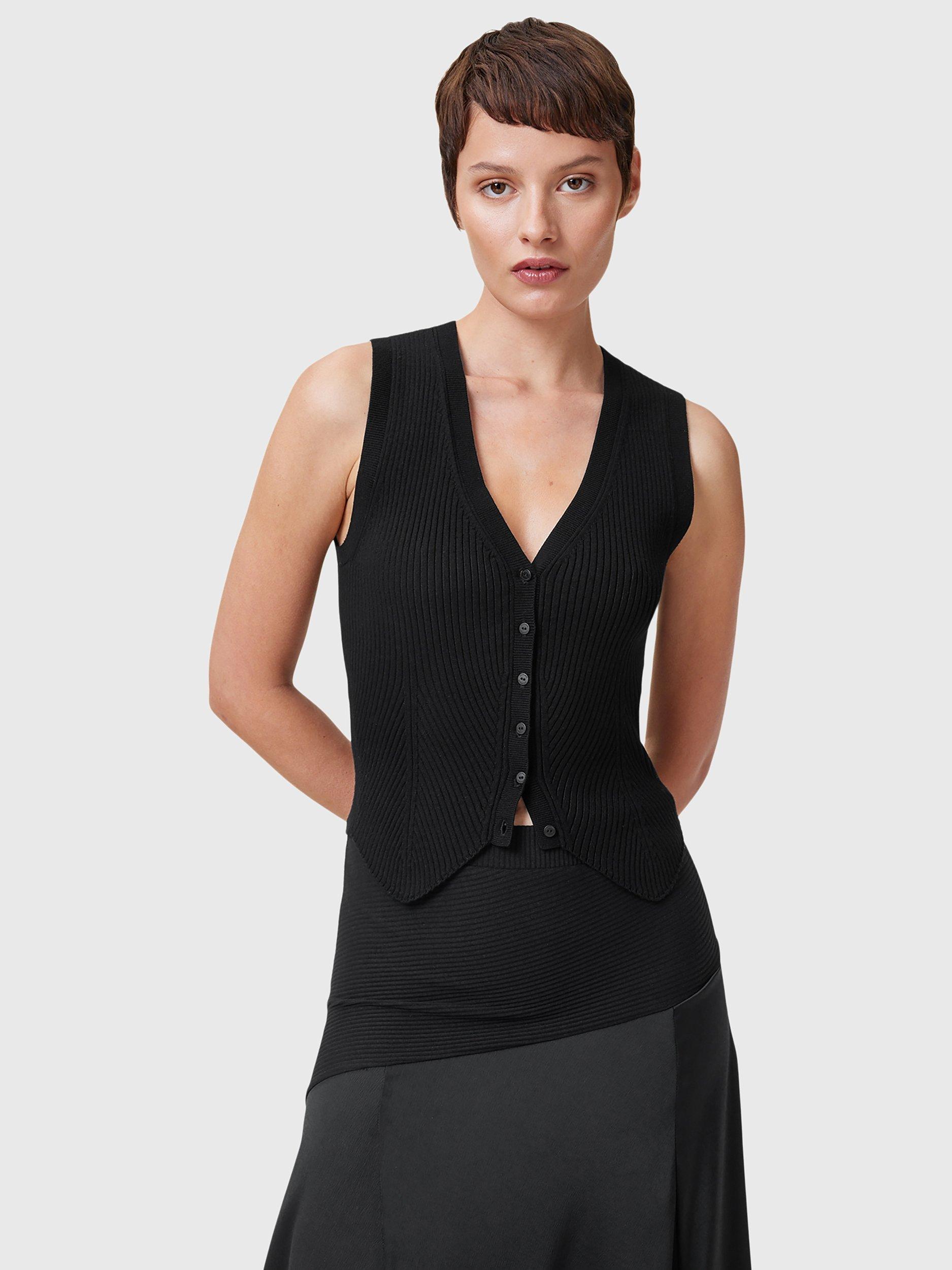 AllSaints Cruz Button Through Ribbed Sleeveless Top, Black