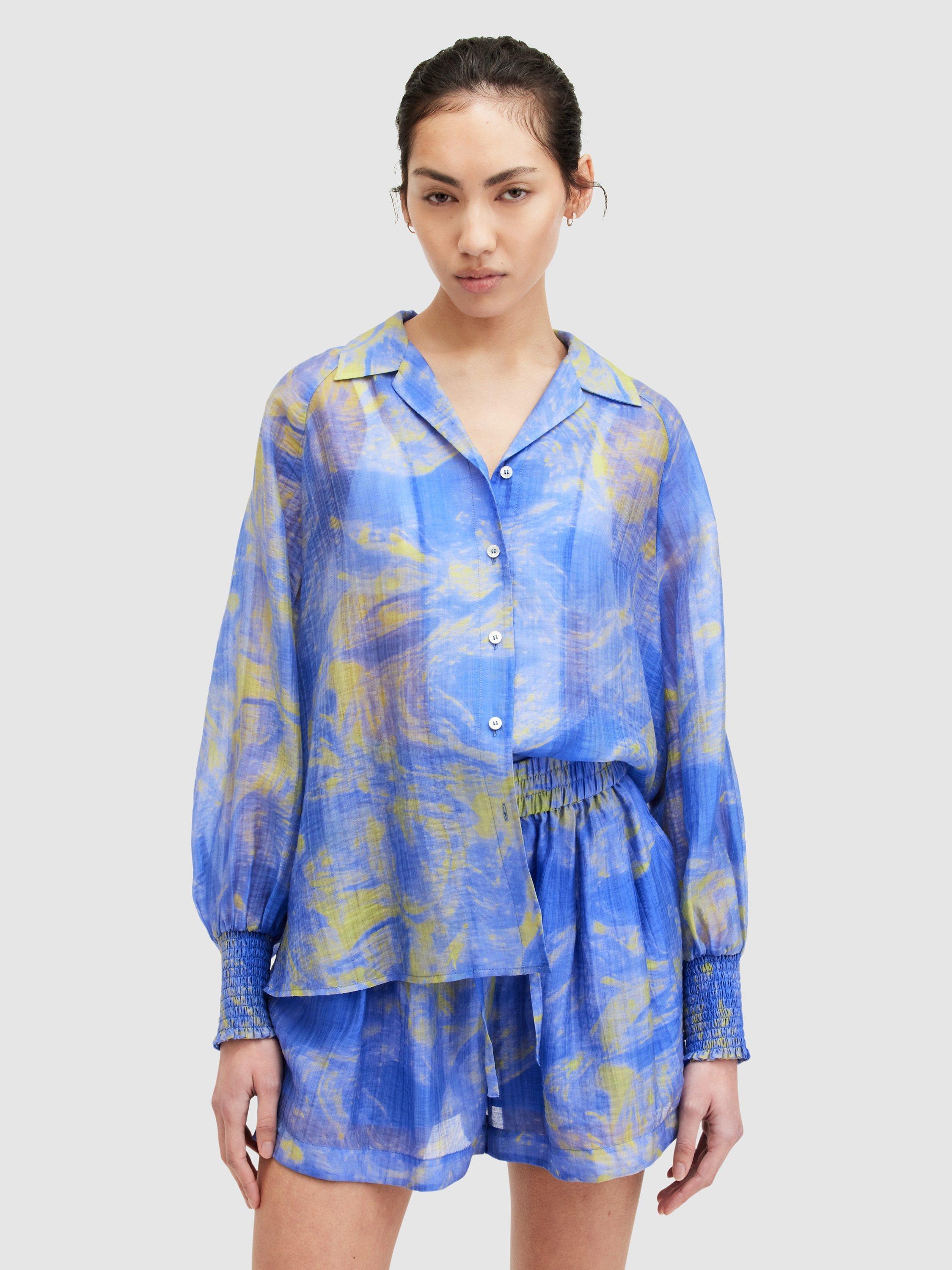 AllSaints Isla Inspiral Abstract Print Shirt, Electric Blue/Yellow