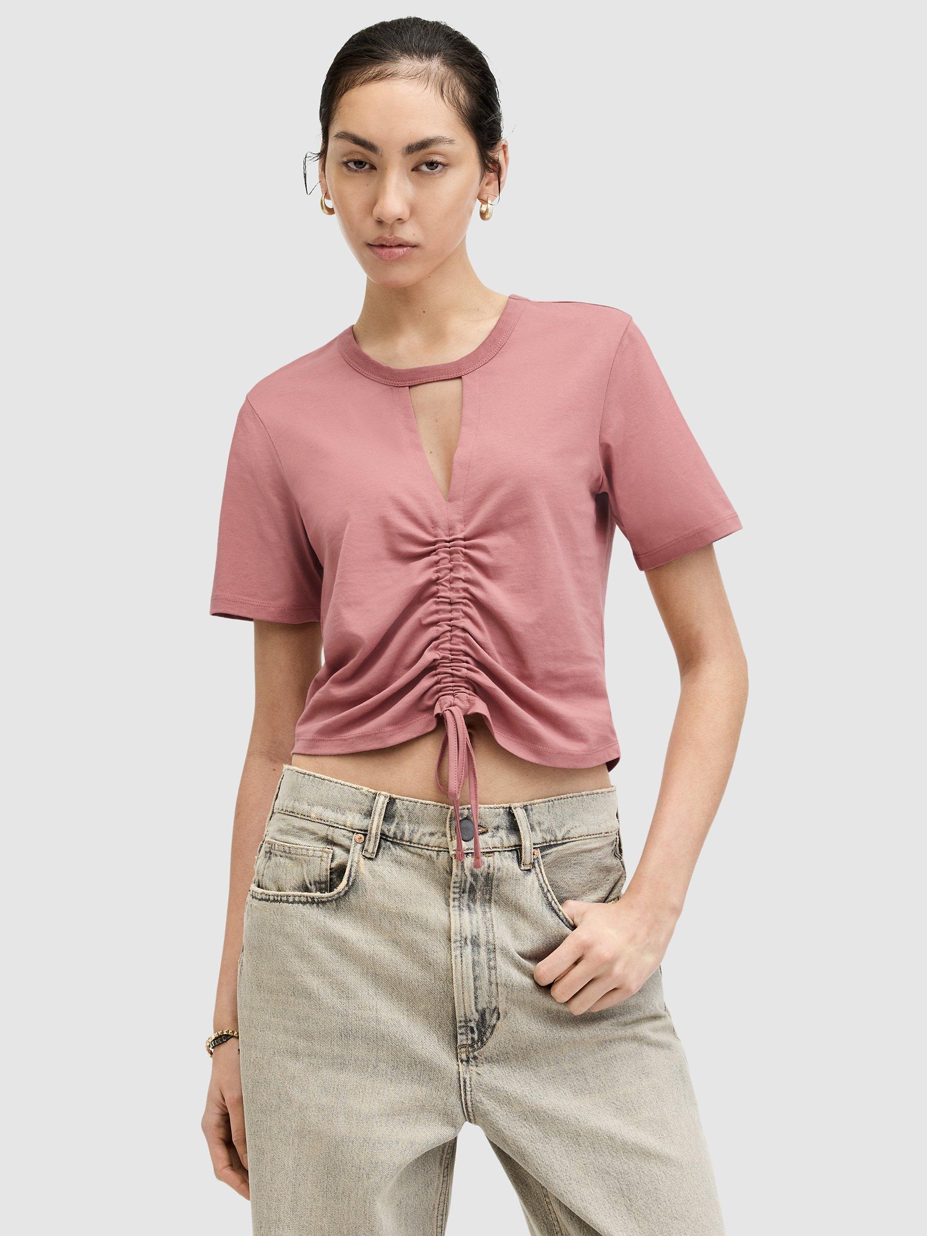 AllSaints Gigi Centre Drawcord T-Shirt, Ash Rose Pink