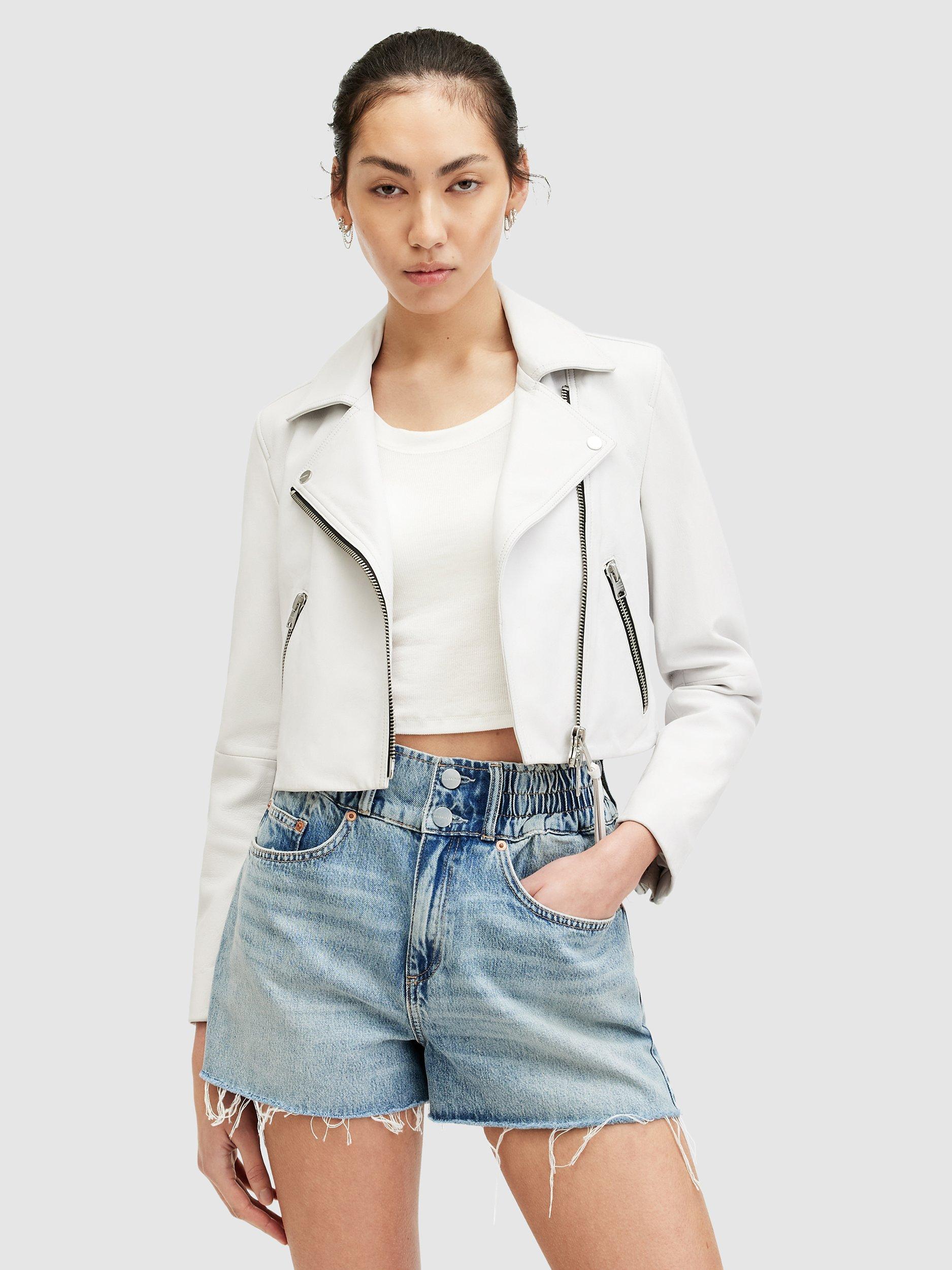 AllSaints Dalby Cropped Leather Biker Jacket, Optic White
