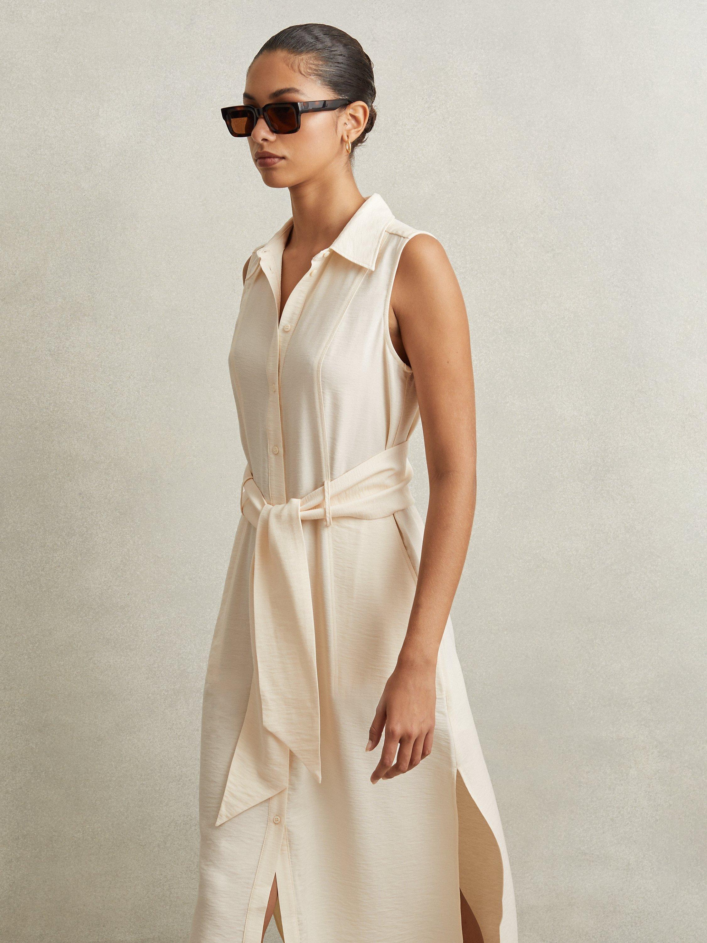 Reiss Petite Morgan Sleeveless Midi Shirt Dress, Cream
