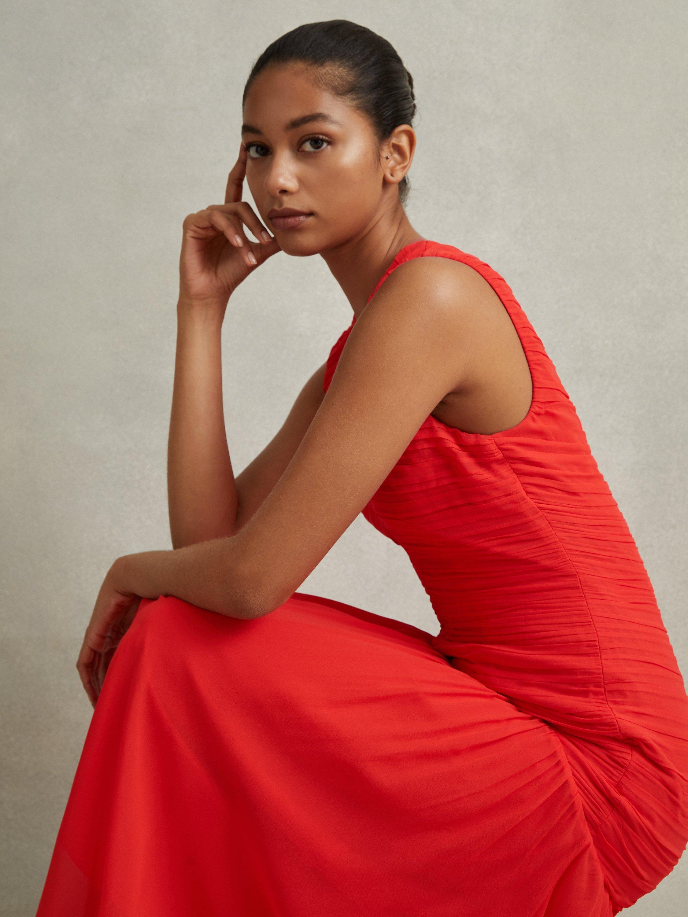 Reiss Petite Saffy Ruched Asymmetric Hem Midi Dress, Orange